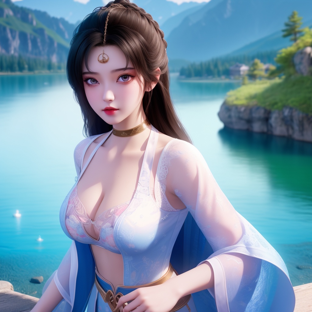 <lora:763-DA-仙逆-墨云:0.8>, (,1girl, ,best quality, ),looking at viewer,  ,ultra detailed 8k cg, ultra detailed background,  ,masterpiece, (( , )) , lake,upper body,   (cleavage),,  (),