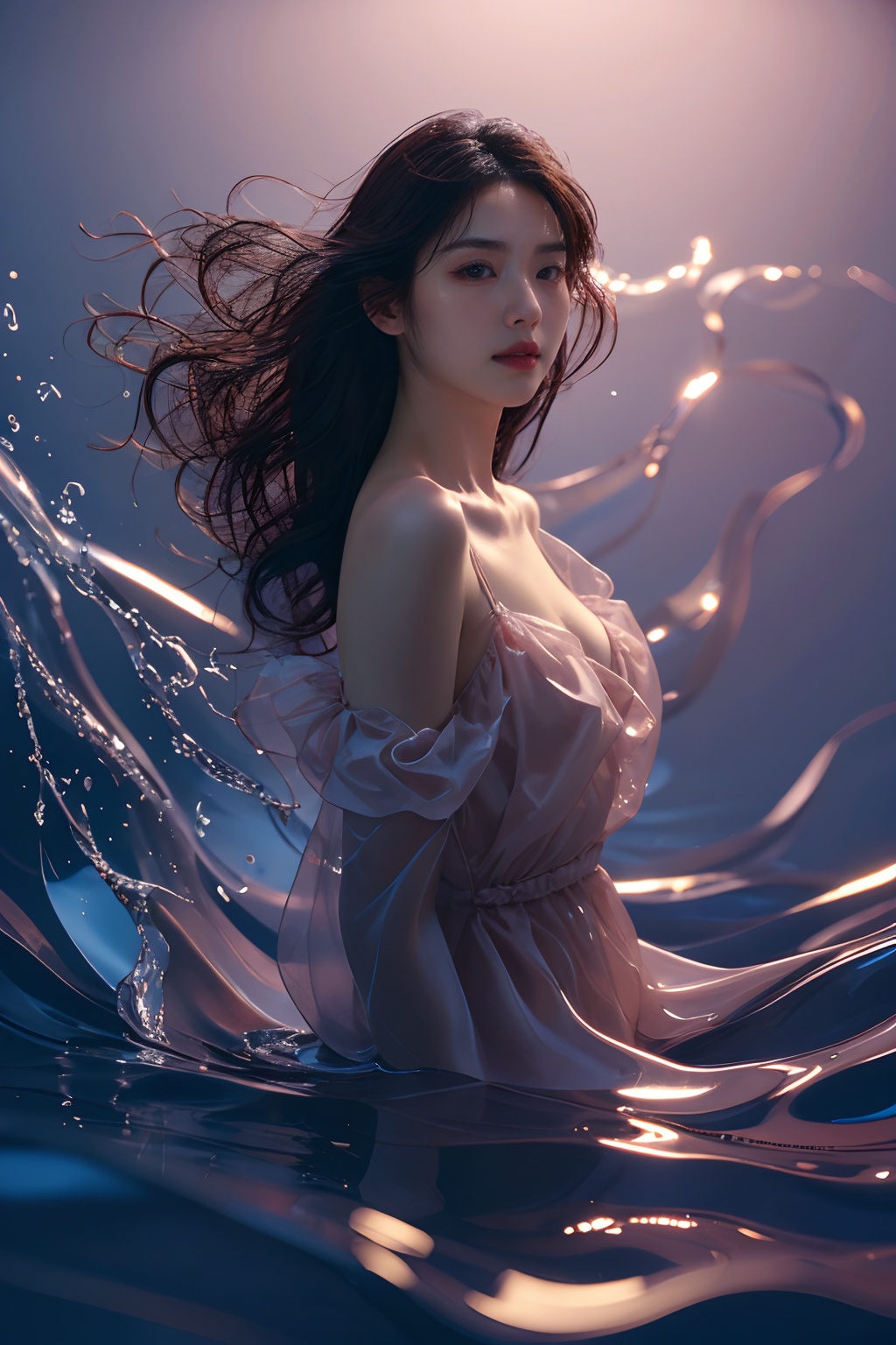 sd mai, piao, 1girl, solo, dress, brown hair, long hair, breasts, water, parted lips, looking at viewer, realistic, lips <lora:飘piao:0.7>