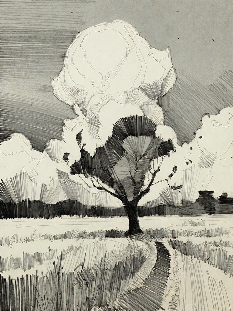 Bradhamel art style.A black and white linocut-style illustration of a solitary tree standing in a vast,  textured field un...
