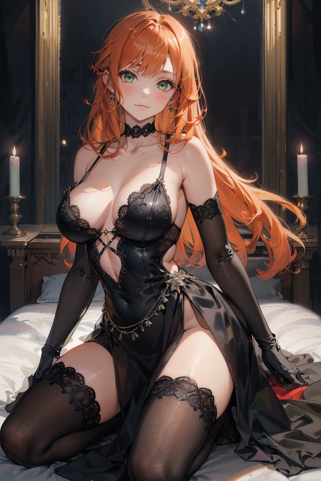 masterpiece,best quality,cowboy shot,looking at viewer,1girl,solo,orange hair,green eyes,:3,large breasts,collarbone,black evening gown,elbow gloves,black gloves,black thighhighs,kneeling