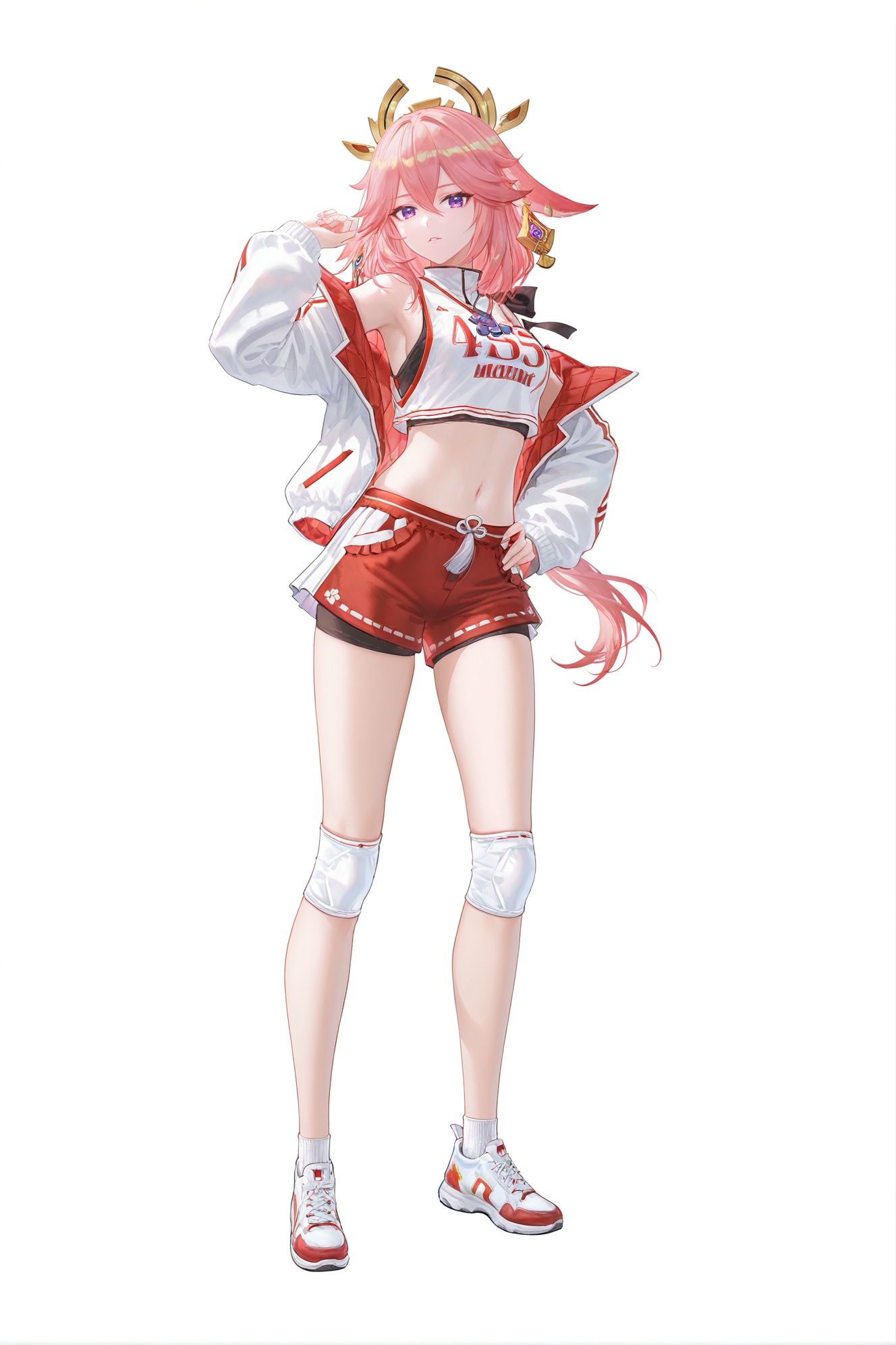 8k,best quality,masterpiece,(ultra-detailed),(high detailed skin),((artist:reoen),(artist:fuzichoco),(artist:atdan),(artist:torino_aqua),year 2024:0.8)1girl,[artist:wlop],[artist:ningen_mame],artist:ciloranko,[[artist:rhasta]],artist:tidsean,colorful,full body,full shot,standing,looking at viewer,(solo:1.2),simple background,(white background:1.2),hand on own hip,(white background:1.1),<lora:mdshenzi-ill-Tanger-000013:0.8>,Yae Miko,Yae Miko \(madong\),clothes: madong sportswear,1girl,long hair,pink hair,jacket,fox ears,navel,midriff,sneakers,purple eyes,open jacket,white sleeveless shirt,bangs,open clothes,red short shorts,Jersey number 455,white knee pads,