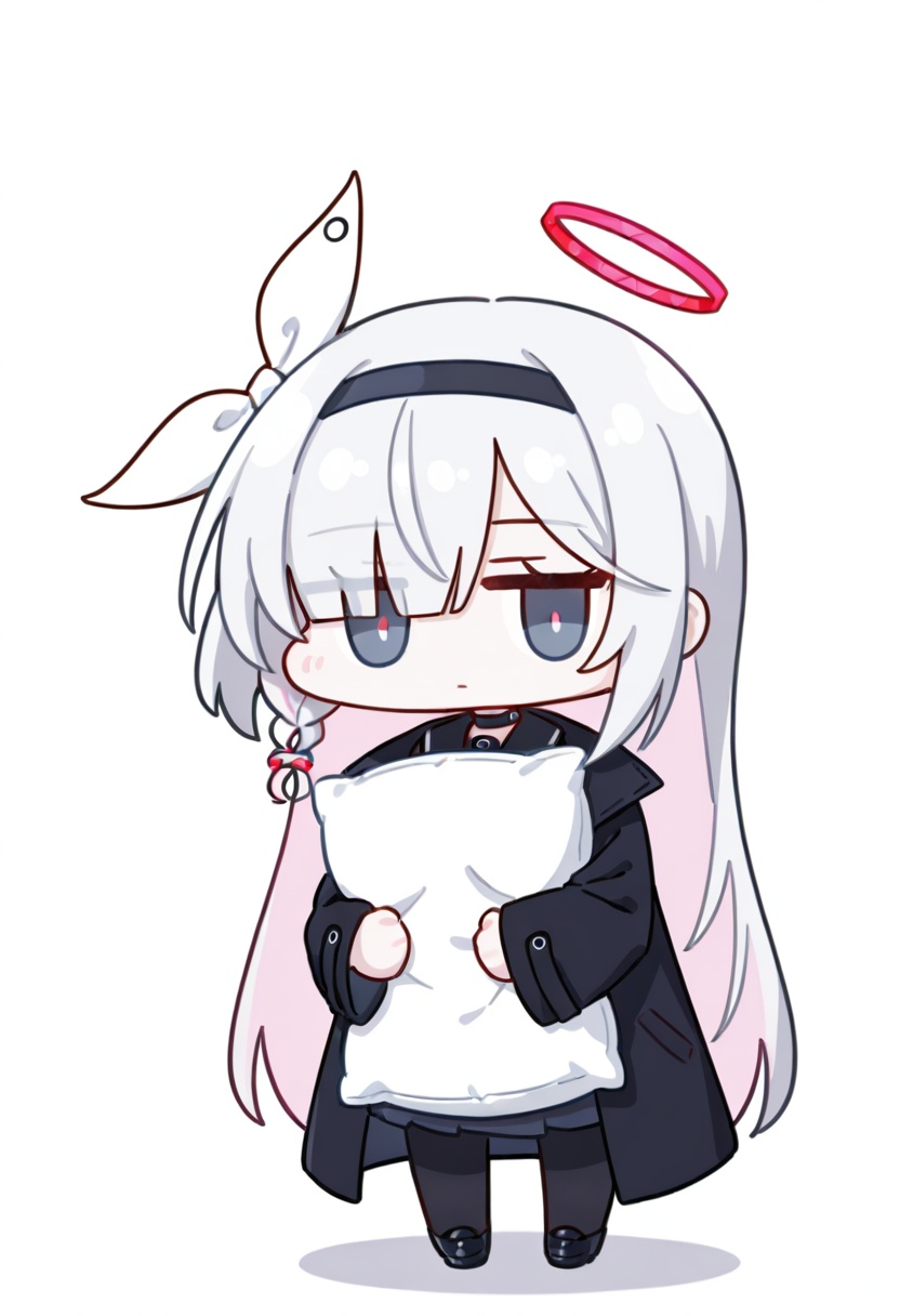 chibi,pillow,holding pillow,white hair,looking at viewer,(jitome),1girl,solo,chibi,expressionless,plana \(blue archive\),halo,black pantyhose,white background,simple background,<lora:nineface-chibi-noob1-5:1>,