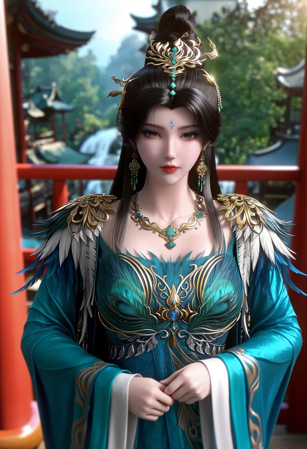masterpiece,best quality,amazing quality,high resolution,ultra-detailed,absurdres,(looking at viewer:1.1),upper body,(moody lighting:1.1),forest,east_asian_architecture,stream BREAK (large breasts:0.8),huanmei,1girl,solo,black hair,long hair,hair ornament,jewelry,earrings,forehead mark,dress,blue dress,hair bun,necklace,chinese clothes,makeup,eyeshadow,shoes BREAK photorealistic details,<lora:QQSillhuanmeiV1:0.8>,