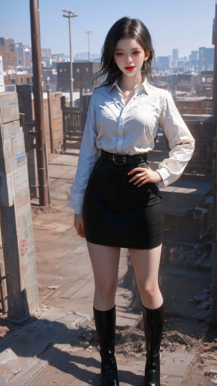 1girl, solo, pantyhose, skirt, shirt, boots, crossed arms, looking at viewer, white shirt, black skirt, outdoors, black footwear, short hair, collared shirt, standing, knee boots, pencil skirt, office lady, black hair, full body, brown eyes, long sleeves, smile