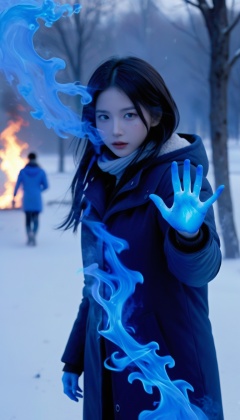 (blue fire:1.2),(a girl surrounded by blue flames),the burning hand,in winter,street,a (1girl:1.3) made of (blue fire:1.2),