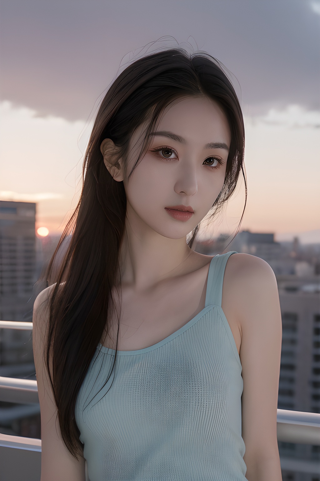 <lora:0814_04:0.7>,Frontal photography,Look front,evening,dark clouds,the setting sun,On the city rooftop,A 20 year old female,Black top,Black Leggings,black hair,long hair, dark theme, muted tones, pastel colors, high contrast, (natural skin texture, A dim light, high clarity) ((sky background))((Facial highlights)),, 1girl,realistic,masterpiece, best quality, photorealistic, HDR,detail