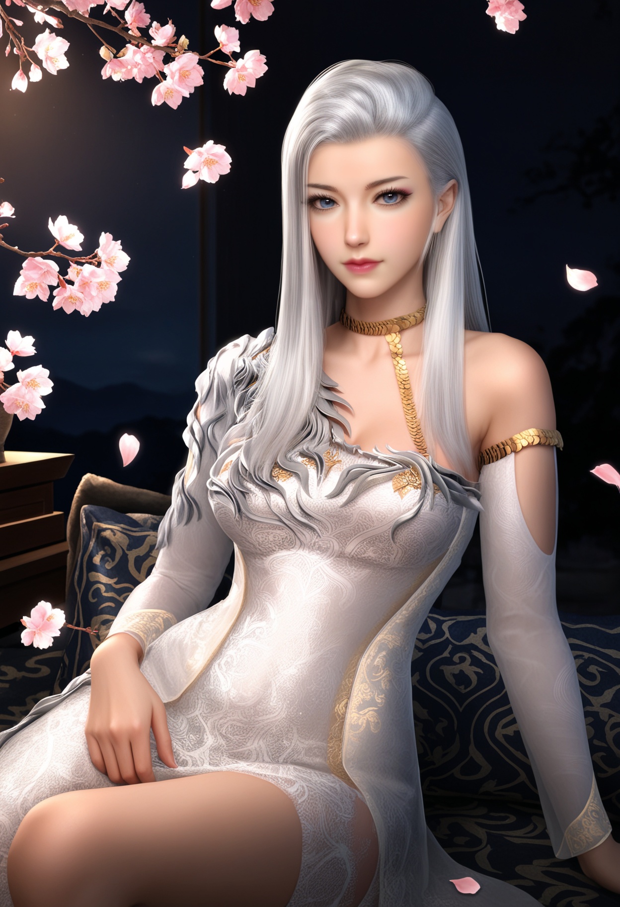 masterpiece,best quality,amazing quality,very aesthetic,high resolution,ultra-detailed,absurdres,scenery,photorealistic,(looking at viewer:1.1),(Dark room:1.3),(moody lighting:1.1),peach blossom,falling petals,(large breasts:0.8),hexi,1girl,solo,long hair,silver hair,realistic,lips,blue eyes,dress,makeup,closed mouth,flower,white dress,jewelry,choker,eyelashes,high heels BREAK photorealistic details,<lora:QQSillhexiV1:0.8>,