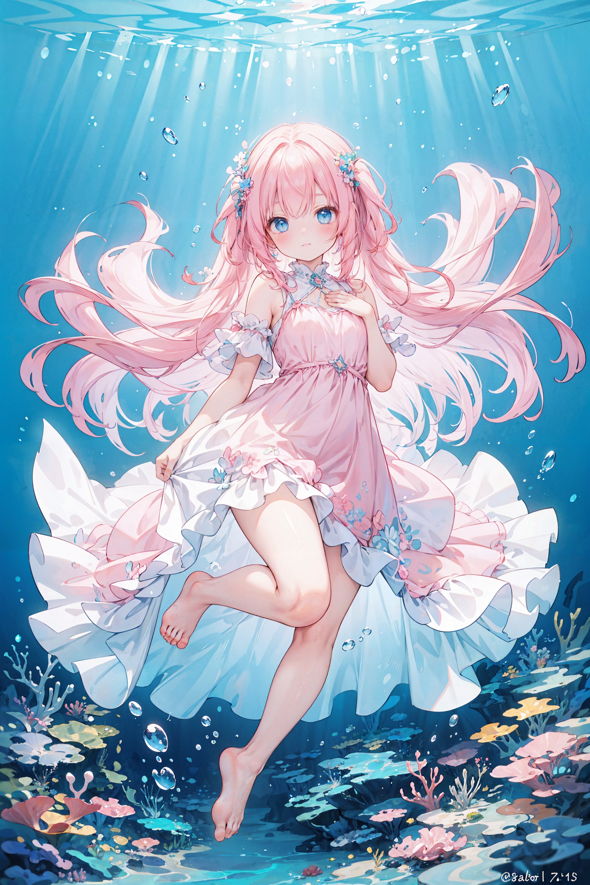 best quality,(masterpiece:1.3),ultra-detailed,best quality,(masterpiece:1.3),long shot,frill,pink hair,long hair,pink dress,blue eyes,floating in water,jump up,delicate_features,pretty_face,pure,lovely,blush,looking at viewer,bare foot,seabed,under the sea, underwater,deep sea, hand on chest