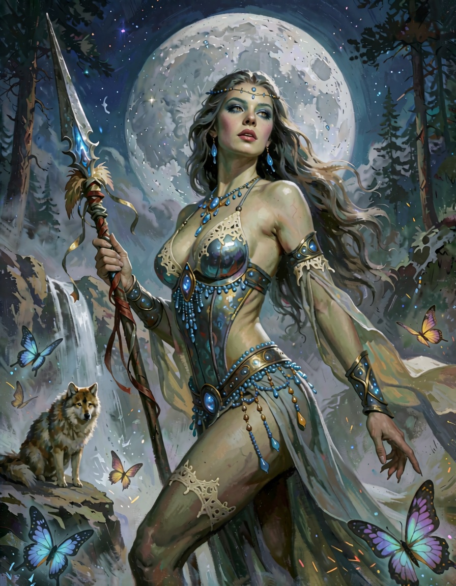 Under the luminous glow of an enormous,  cratered moon that dominates the night sky like a celestial sentinel,  she stands...