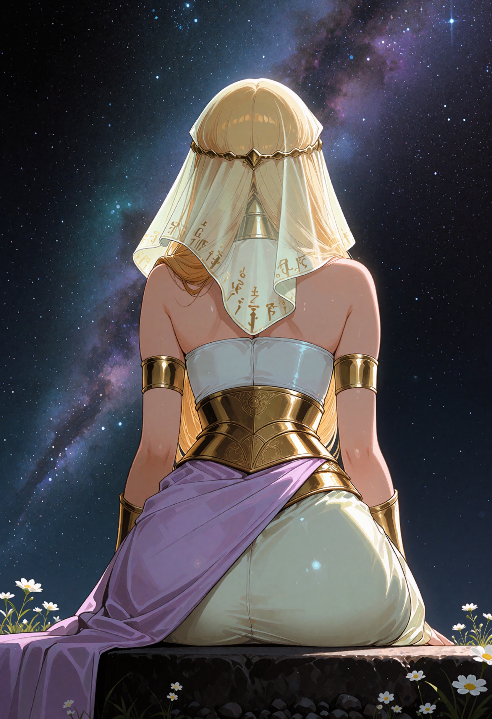 A young woman with a slender,  statuesque build sits on a smooth stone ledge at night,  facing directly away from the came...