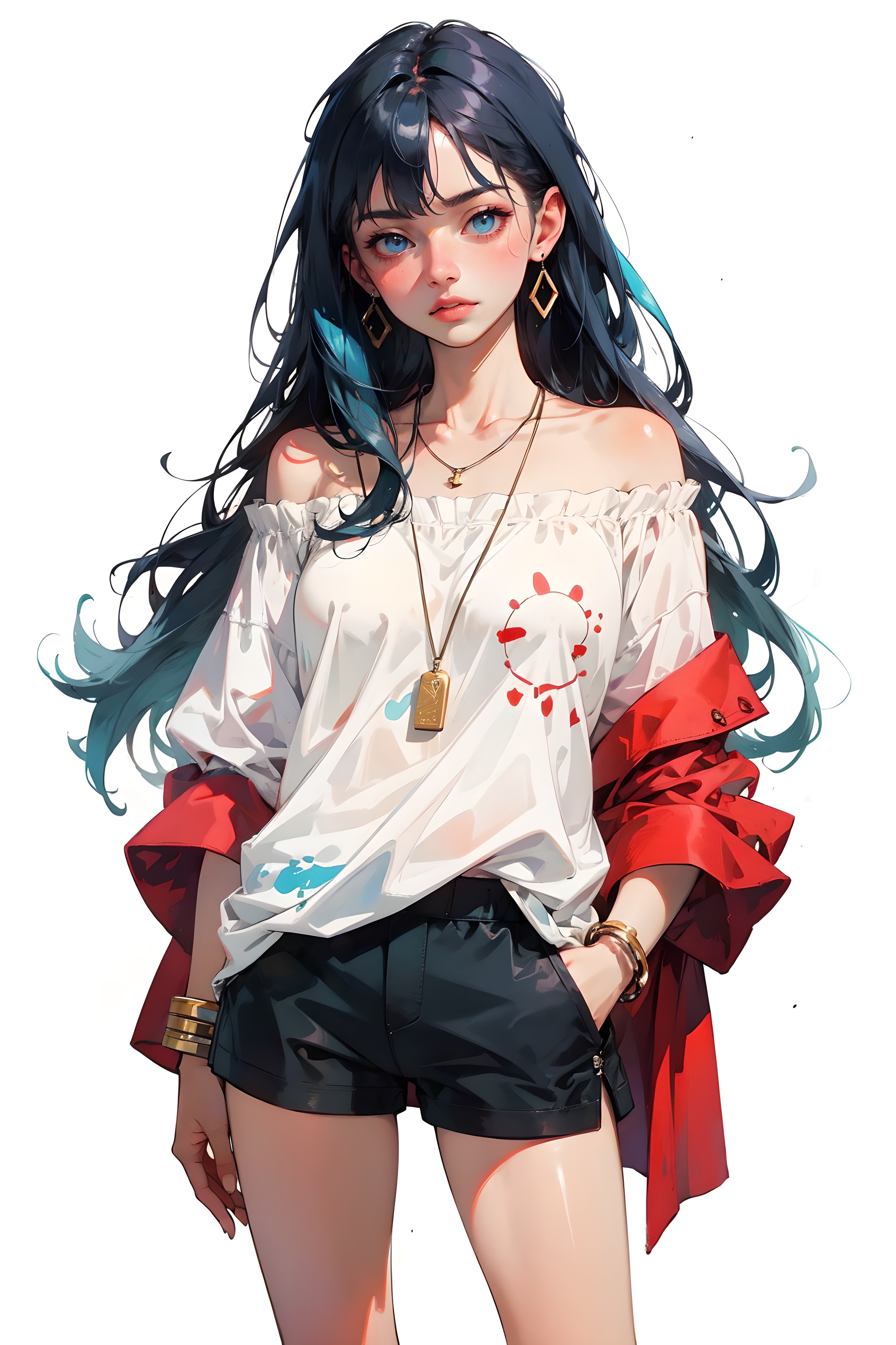 (best quality), ((masterpiece)), (highres), illustration, original, extremely detailed, 1girl, solo, blue hair, jewelry, shorts, white background, blue eyes, looking at viewer, earrings, bare shoulders, simple background, shirt, collarbone, long hair, off shoulder, off-shoulder shirt, bracelet, hand in pocket, bangs,  red shirt, cowboy shot, signature, blush, black shorts,   twitter username, necklace