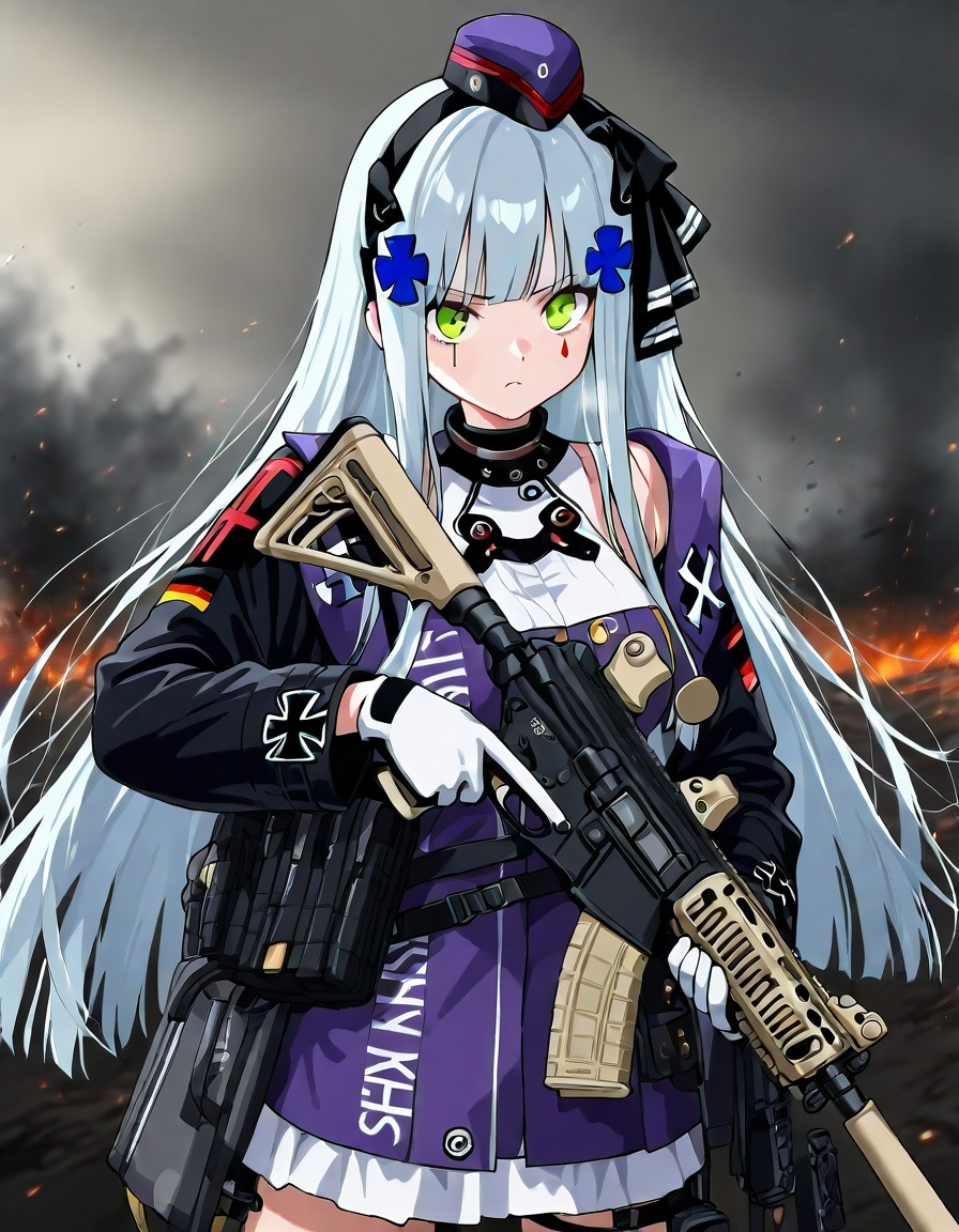 score 9,score 8 up,score 7 up,1girl,hk416 \(mod3\) \(girls' frontline\),girls' frontline,1girl,green eyes,long hair,grey hair,white hair,very long hair,blunt bangs,hair ornament,medium breasts,white gloves,mini hat,open jacket,assault rifle,facial mark,h&k hk416,german flag holding rifle,aiming rifle,hk416,tactical gear,plate carrier,shooting rifle,detailed background,battlefield,masterpiece,best quality,amazing quality,
