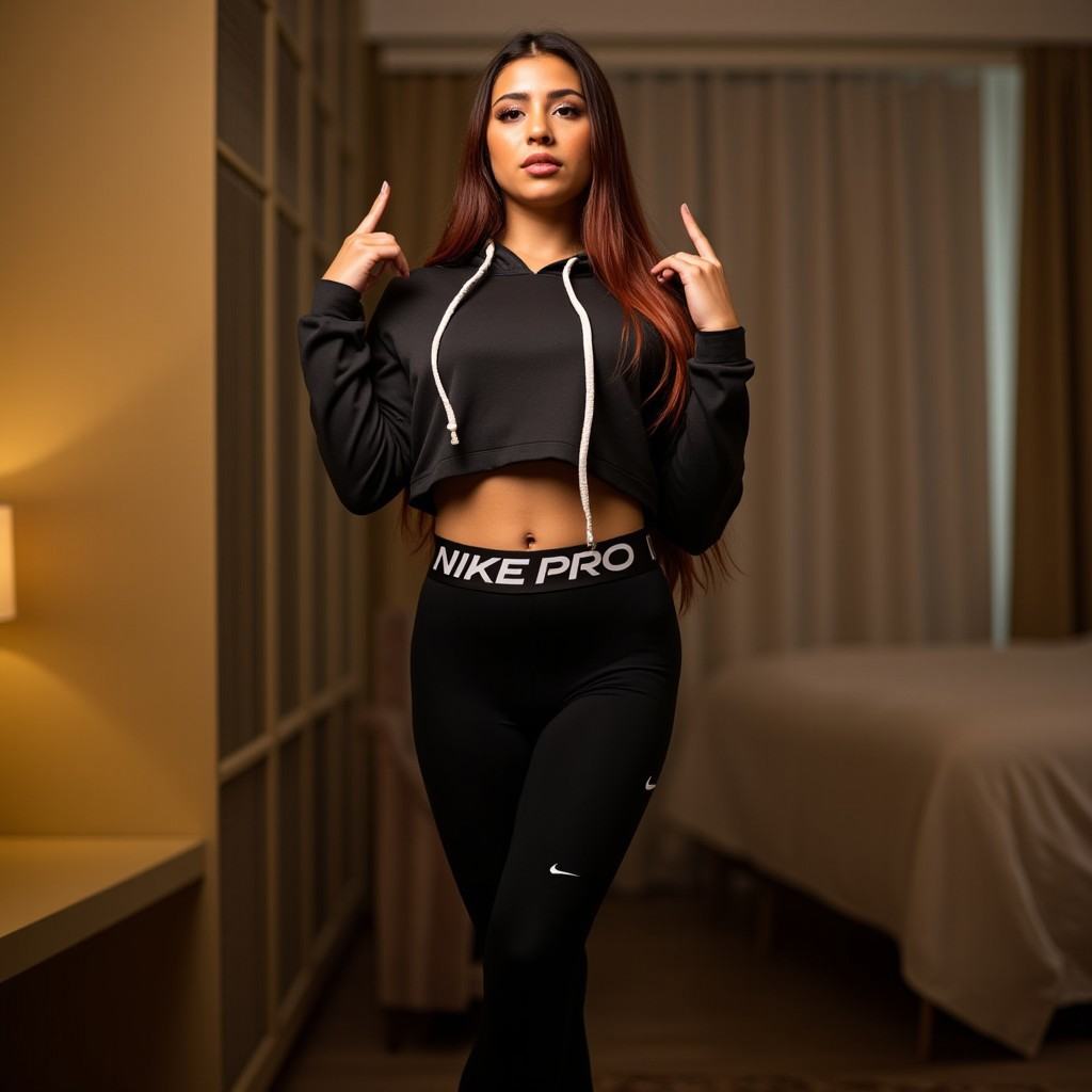 A high quality photo of a social media influencer young woman posing seductively,  wearing black Nike Pro leggings,  featu...