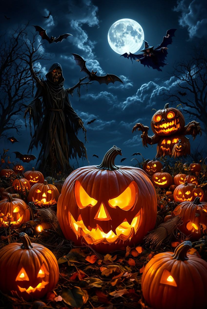 tot_halloween,  a creepy halloween scene with a pumpkin and scarecrow in the background,  surrounded by a pumpkins on Tens...