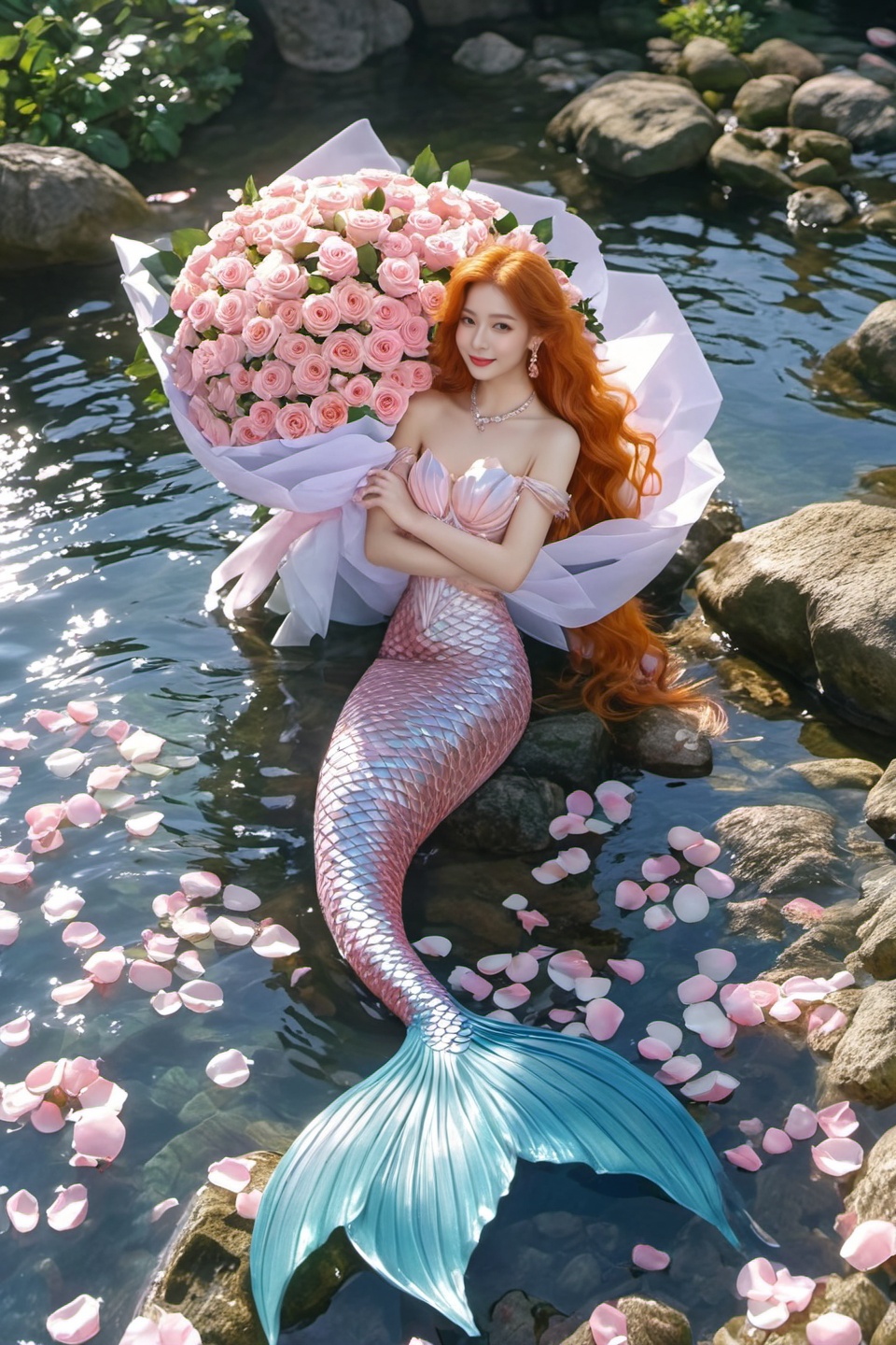 kinghere mryhh,1girl,solo,pink mermaid,long hair,looking at viewer,smile,dress,holding,bare shoulders,jewelry,flower,earrings,day,water,necklace,white dress,orange hair,petals,rose,pink flower,rock,bouquet,mermaid,head fins,pink rose,holding bouquet,pearl necklace,,<lora:kinghere mryhh xl:0.8>, cinematicstunning contrasts and shadow,introspection,8k,Photography,super detailed,hyper realistic,masterpiece,Depth of field,bright color,Super lightsensation,caustic,