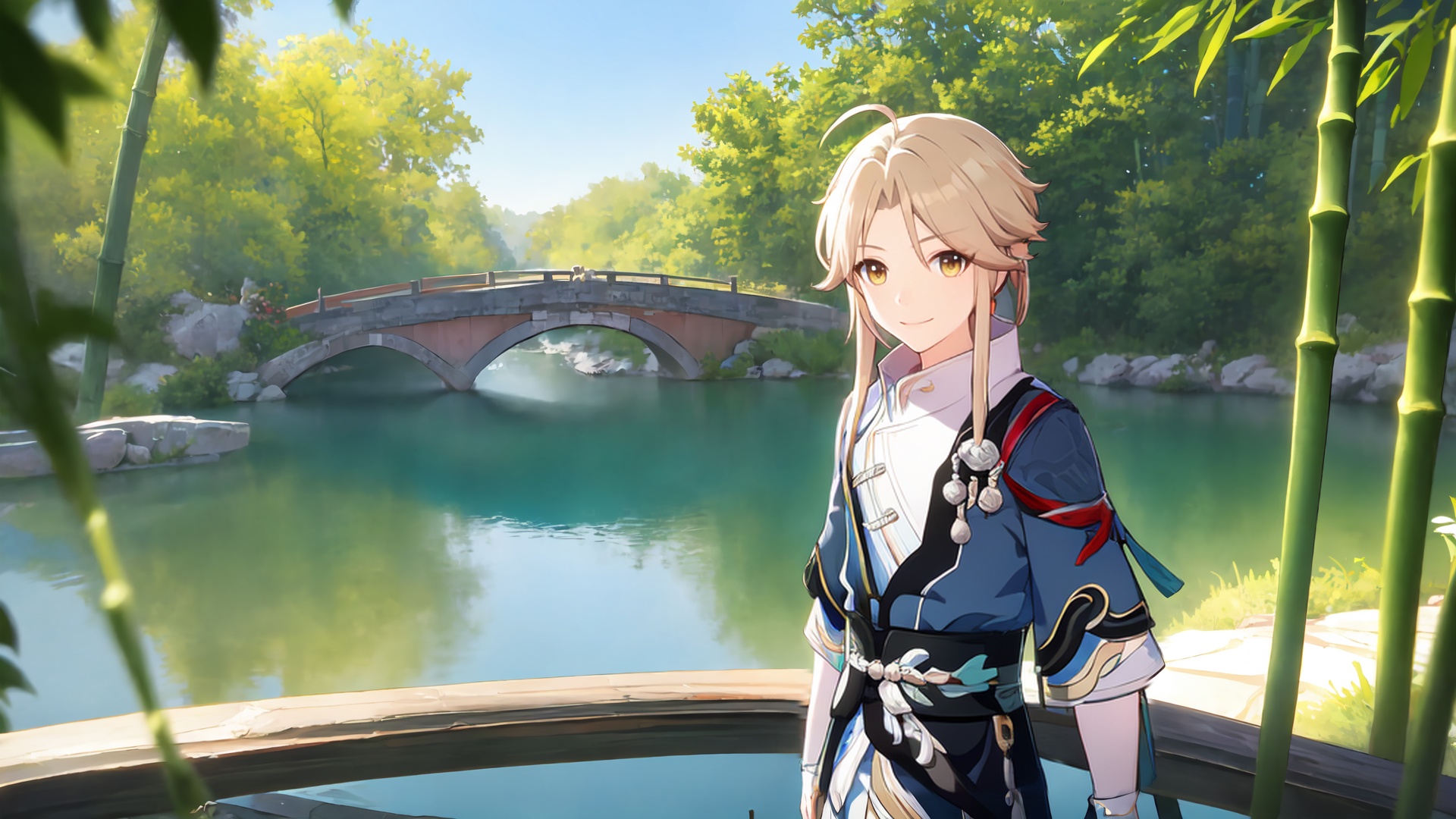 masterpiece,best quality,high contrast,colorful,<lora:yanqing:0.8>,yanqing,1boy,solo,male focus,parted bangs,yanqing default clothes,looking at viewer,sunlight,(smile:0.8),scenery,lake,stone bridge,bamboo forest,upper body,cowboy shot,depth of field,rule of  third,