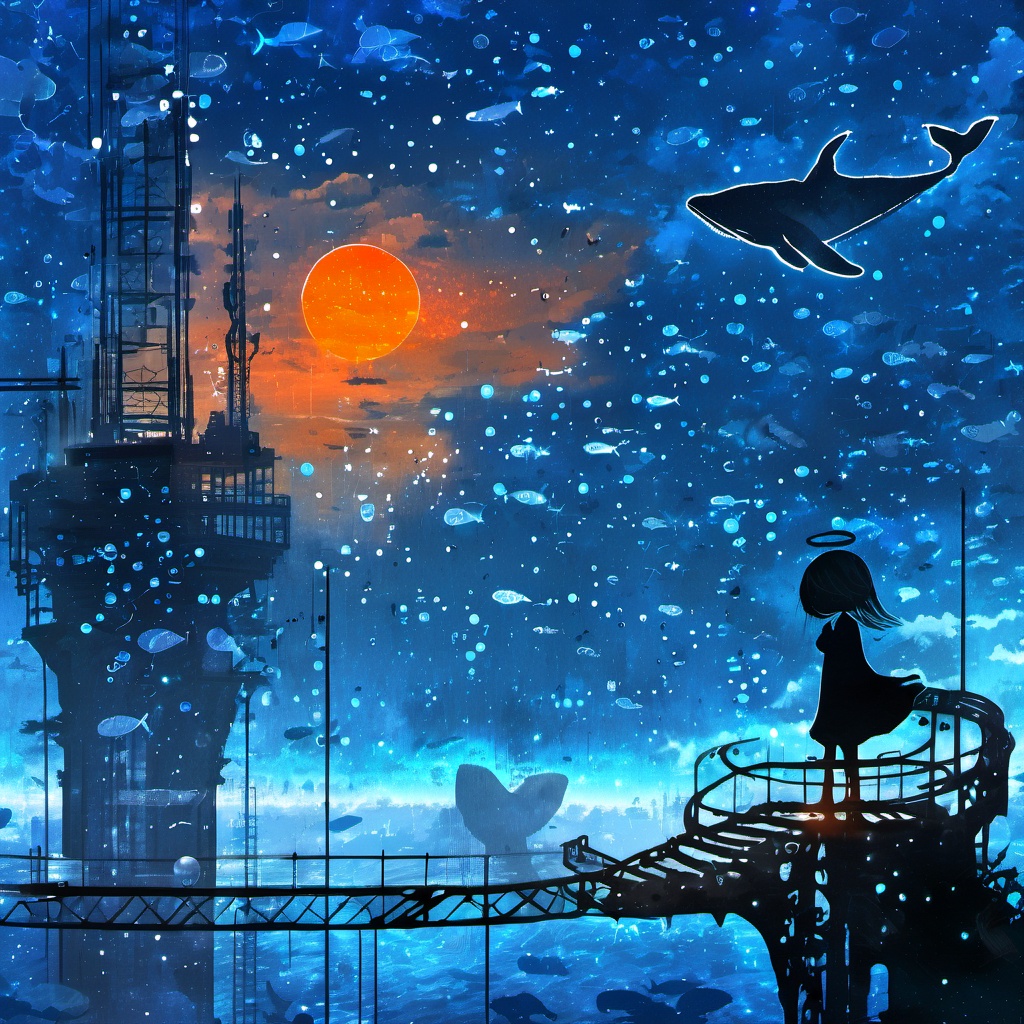 <lora:star_xl_v3:1>,silhouette painting,ethereal ambiance,sky,blue and orange and dark theme,star \(symbol\),no humans,night,building,star \(sky\),scenery,1girl,city lights,whale,cloud,moon,night sky,starry sky,fish,bubble,city,cityscape,surreal,a surreal and futuristic nighttime scene,a large metallic platform with a  black silhouette of a girl standing on it gazing out at the vast expanse below,the platform is elevated and appears to be connected to a tall and slender tower,a blue and oragnge silhouette of a massive whale floating in the sky which has been transformed into a floating city. this city is adorned with various structures including domes and other architectural marvels,the city below is illuminated with a myriad of lights and suggesting a bustling urban environment,the sky is filled with stars and countless celestial bodies,including a large bright moon,wonder and mystery and awe,platform,tower,domes,architectural marvels,stars,atmosphere,