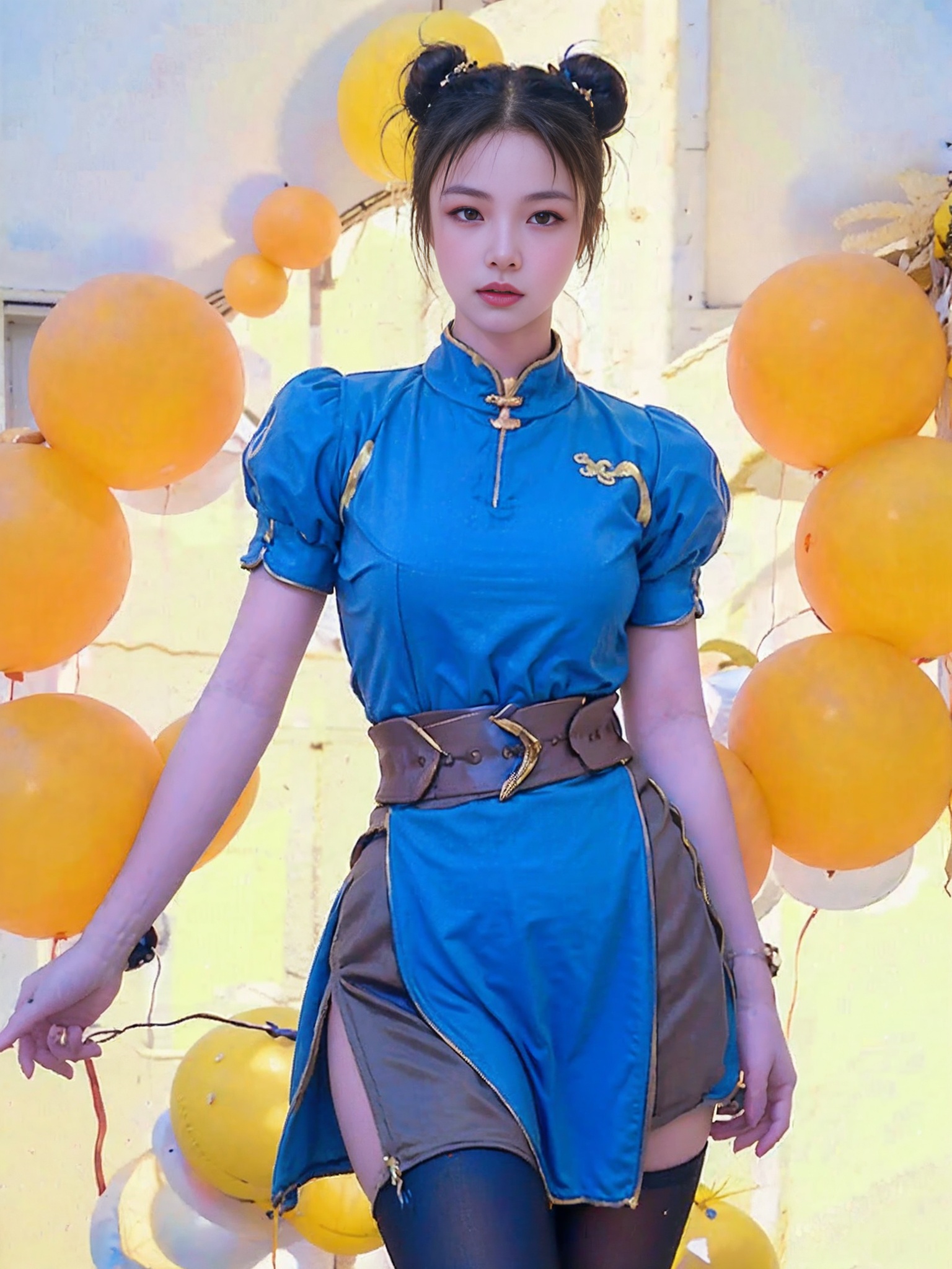 large break,(best quality), ((masterpiece)), (highres), illustration, original, extremely detailed, 1girl, solo, long hair, thighhighs, chun li, spiked bracelet, sash, brown pantyhose,brown eyes, short hair, brown hair, double bun, bun cover, blue dress, pelvic curtain