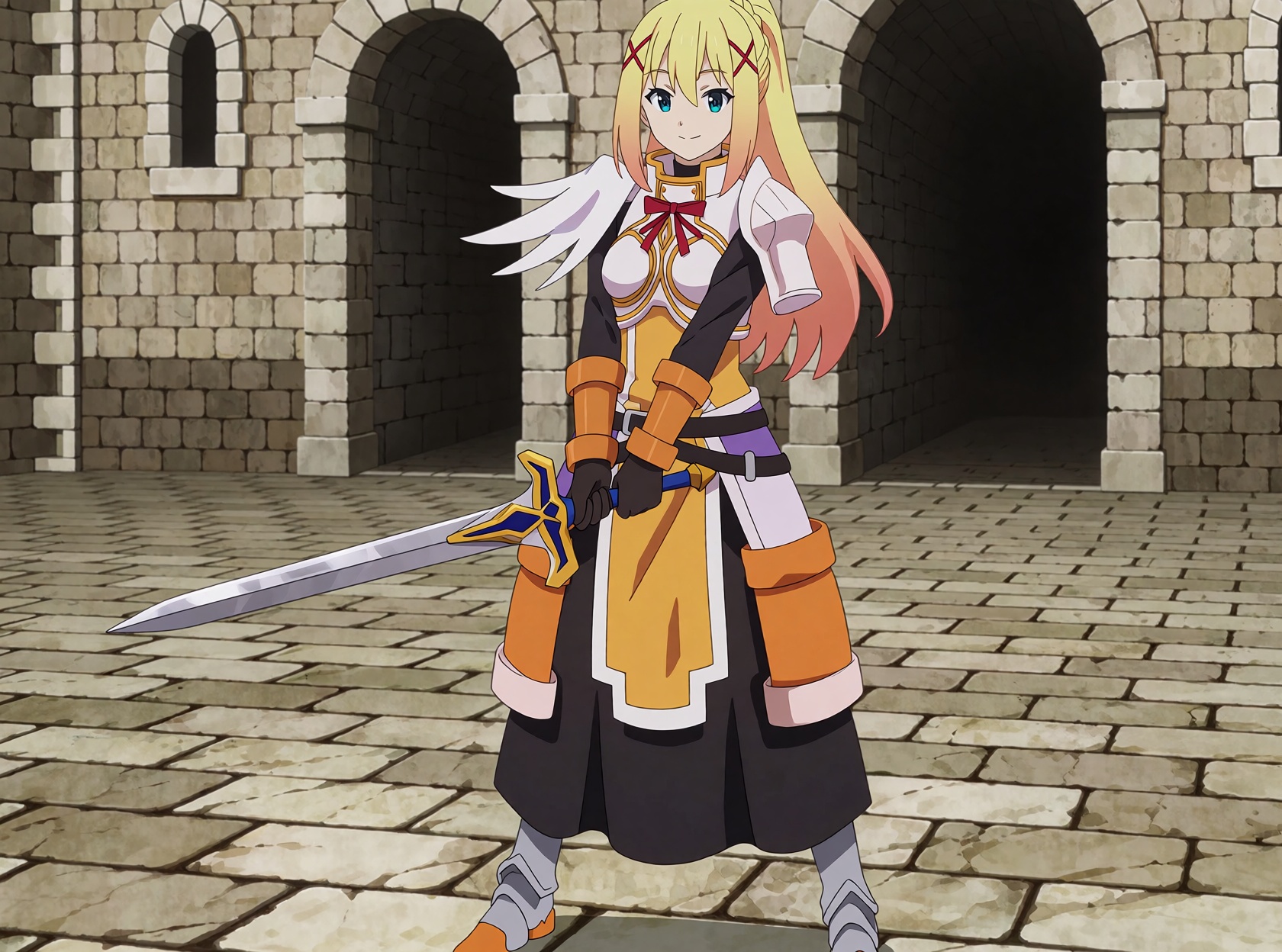 Darkness,  an ***** woman from KonoSuba,  stands full length with her feet apart. Long blonde hair in a high ponytail that...