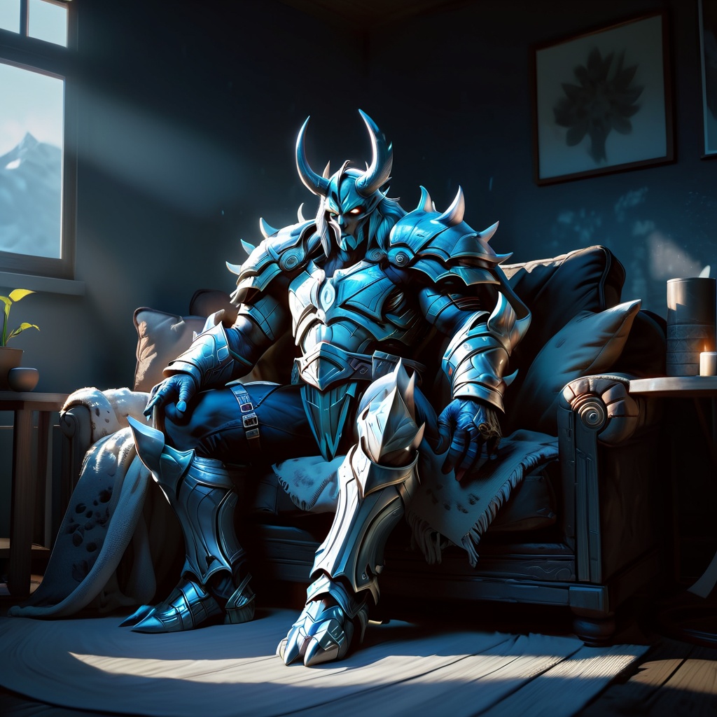 Full body arthas,  in lich king armor,  chilling on a couch on Tensor.Art