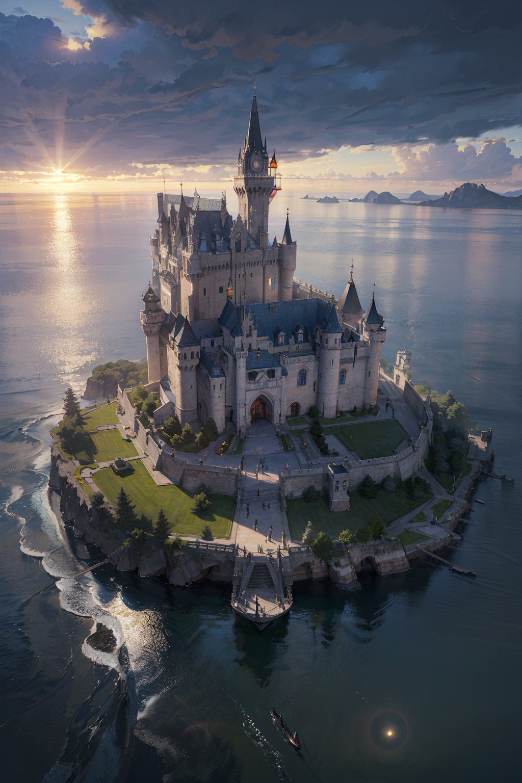 masterpiece,best quality,HD Resolution,(ray tracing,cinematic lighting),photography,Castle,Architecture,sea,sunburst,lighting,Clarity,Realism,Landscape Wallpaper,