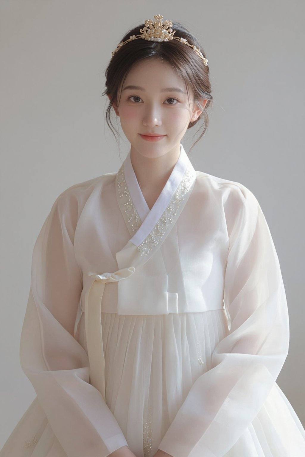 Create an ethereal portrait of a young woman dressed in a traditional, elegant white hanbok. The fabric is sheer and delicately layered, showcasing intricate beadwork and embroidery along the neckline and waist, with a subtle shimmer. Her hair is styled in an elegant updo, adorned with a sparkling golden tiara that features floral motifs, adding a regal touch. She has soft, natural makeup, emphasizing her bright eyes and gentle smile, which conveys a sense of serenity and grace.The background should be minimalistic and softly lit, featuring a light gray wall that enhances the purity of her outfit. The overall color palette should be soft and muted, with shades of white, cream, and hints of gold. The composition should focus on her upper body, capturing her poised demeanor and the delicate details of her attire, while allowing the light to gently illuminate her features, creating a dreamlike atmosphere.