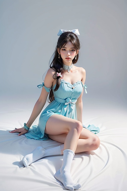 ,1girl,solo,black hair,long hair,realistic,ribbon,sitting,socks,bow,hair bow,lips,hair ribbon,dress,