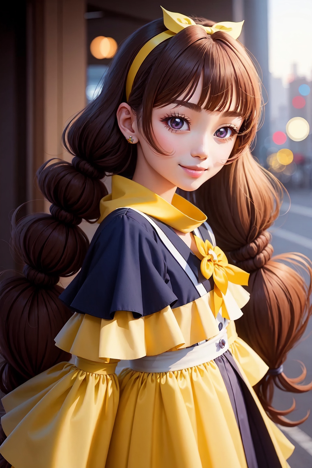 amanogawa_kirara,1girl,solo,smile,looking_at_viewer,hairband,star_(symbol),twintails<lora:amanogawa_kirara:1>,simple background,white backgroundmasterpiece,best quality, highly detailed, 