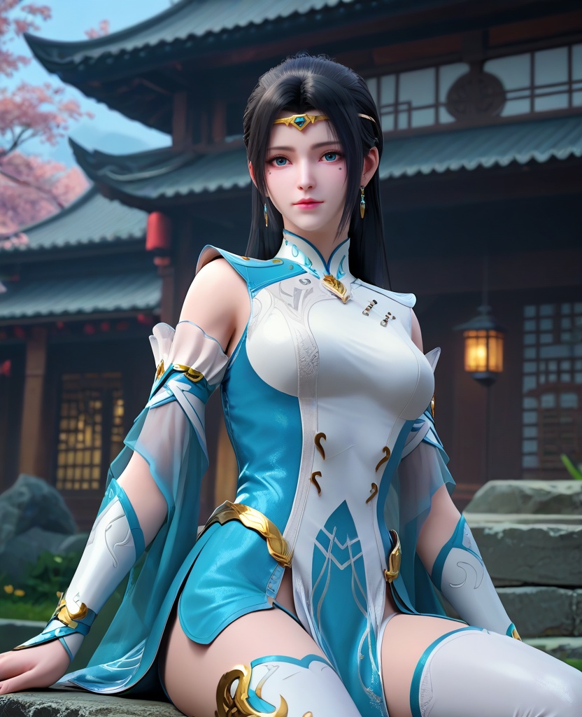 (oriental architecture, elegant decor, sophisticated style:1.1),Sitting, one leg bent and the other leg extended,,(breasts:1.2),<lora:XL16大主宰苏萱:0.95>,miss suxuan,layered aqua and white gown,blue eyes,mole under right eye,circlet,black hair,long hair,wide flowing sleeves,bracer,pelvic curtain,white thighhighs,, zPDXL2, score_9, score_8_up, score_7_up BREAK realistic, masterpiece,best quality, highly detailed,, zPDXL3, zPDXL2,zPDXL, zPDXLxxx, zPDXLrl,