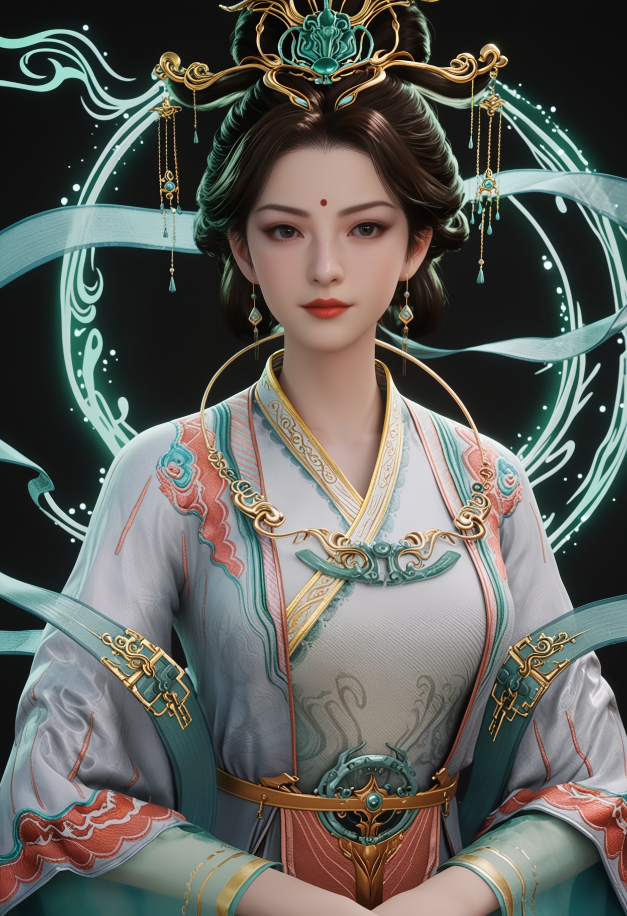 (upper_body:1.2),score_9,score_8_up,masterpiece,(best quality),intricate details,facing viewer,(looking at viewer:1.1),<lora:YQ_pony_xiwangmu_V4:0.8>,q1528437228,1girl,solo,jewelry,earrings,hair ornament,black hair,chinese clothes,forehead mark,red lips,long sleeves,makeup,dress,hanfu,hair bun,updo,brown hair,black eyes,wide sleeves,brown eyes,hair stick,shawl,necklace,hair rings,forehead jewel,single hair bun,hagoromo,BREAKscore_9,score_8_up,masterpiece,(best quality),perfect anatomy,(hourglass),perfect face,(simple background,pure black background,black background:1.1),fair_skin,shiny_skin,Ivory_skin,