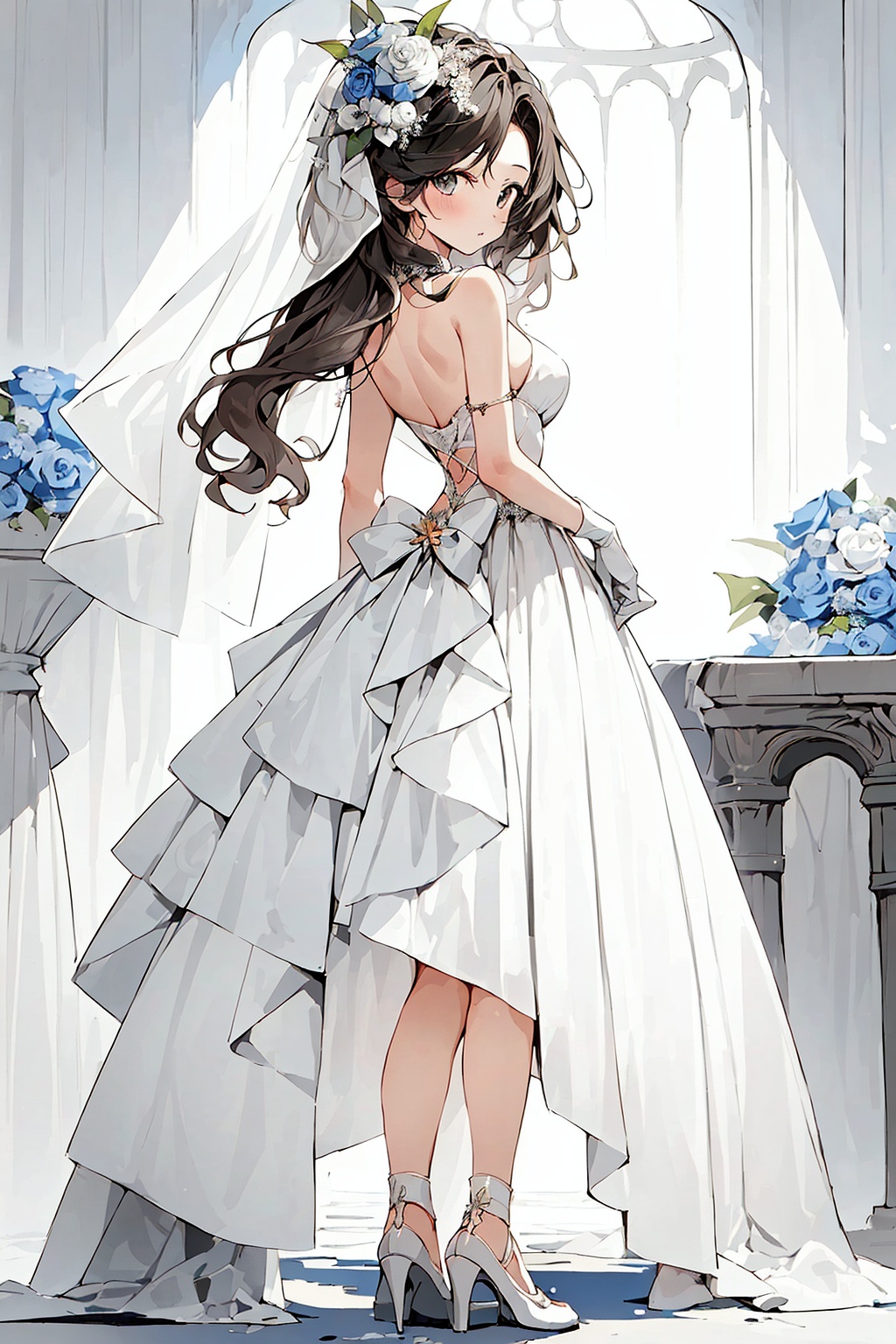 1girl,solo,bride,wedding_dress,bridal_veil,gloves,hair_flower,looking back,full body,<lora:kp_小萝莉V1:0.8>, kp,standing,full body,