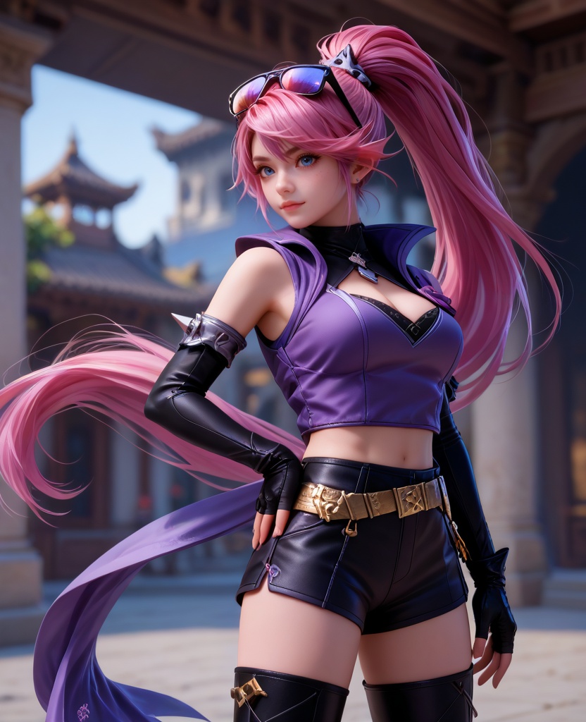 (oriental architecture, elegant decor, sophisticated style:1.1),(dancing:1.1),(large breasts:1.2),<lora:XL16王者荣耀孙尚香杀手不太冷:0.95>,miss sunshangxiang,violet vest,black shorts,blue eyes,ponytail,violet dip-dye for pink hair,absurdly long hair,eyewear on head,black elbow gloves,black thigh boots,belt,medium breasts,, score_9,score_8_up,score_7_up,score_6_up,score_5_up,score_4_up,3d rendering,tag1,tag2, Cinematic Lighting,backlighting,, zPDXL3, zPDXL2,zPDXL, zPDXLxxx, zPDXLrl,