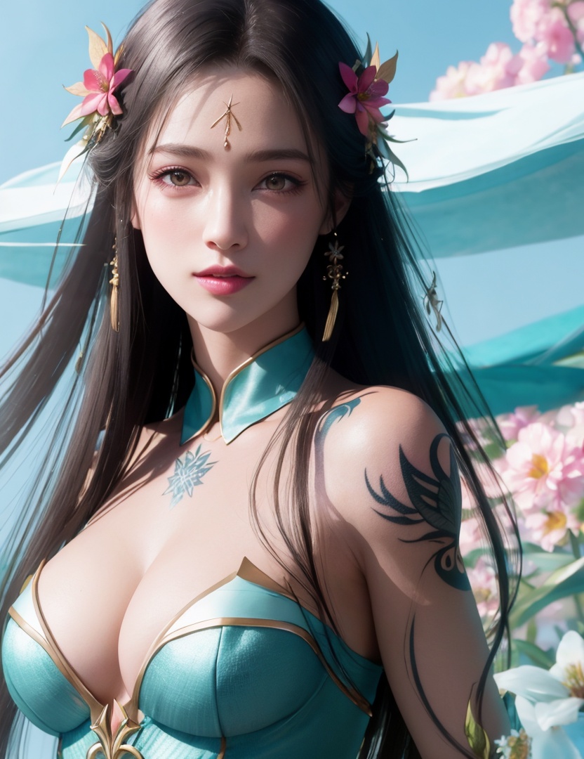<lora:525-DA-斗破苍穹-萧薰儿-V2:0.8>(,1girl, ,best quality, ),looking at viewer,  ,,ultra detailed background,ultra detailed background,ultra realistic 8k cg,, ,masterpiece, (( , )),ultra realistic 8k cgSurrounded by strange, movie perspective, advertising style, Colorful background, splash of color A beautiful woman with delicate facial features,tattoo all over body, flower arms, from below, age), (),
