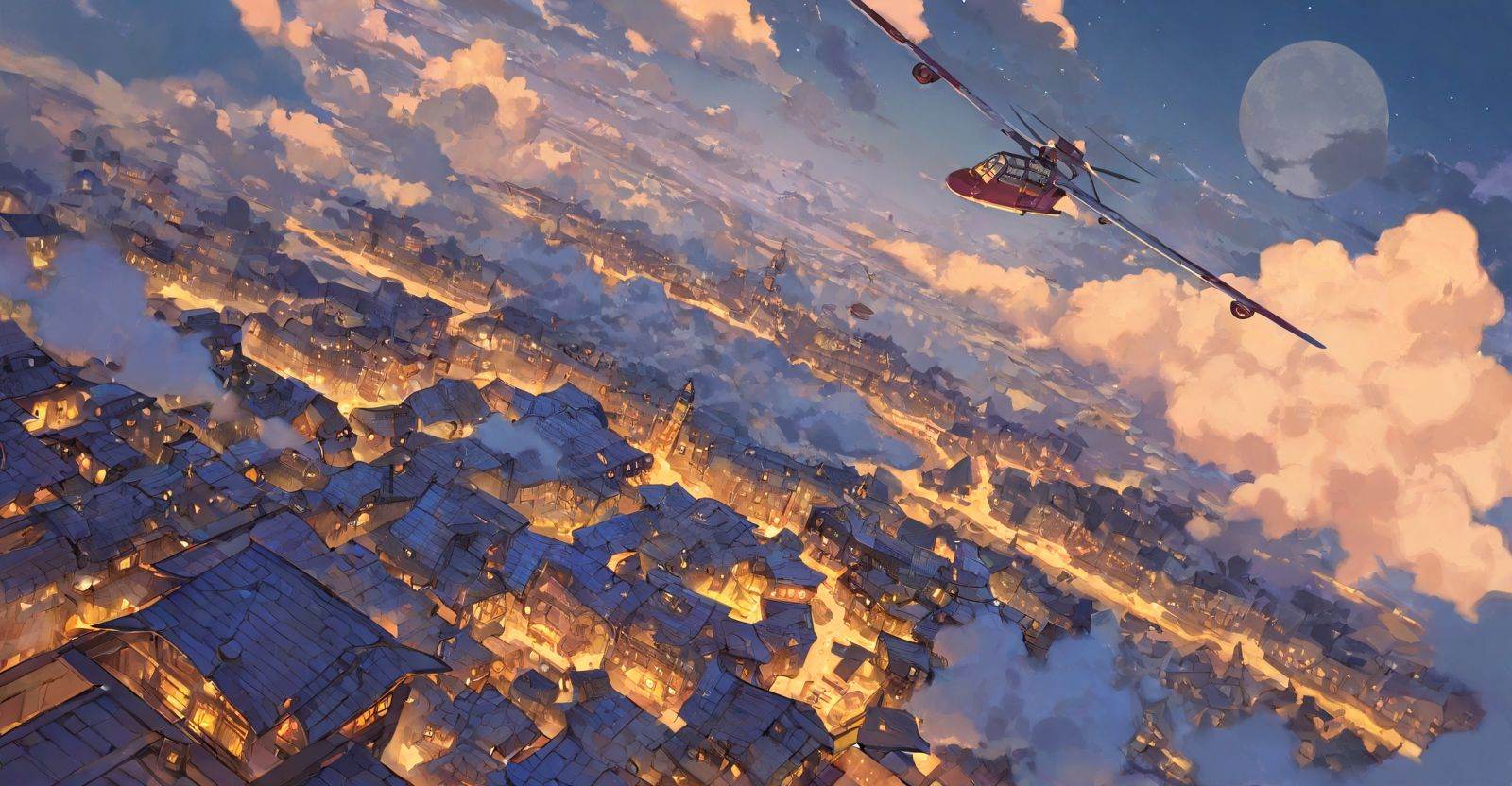 highres,extremely detailed 8k wallpaper,illustration,depth of field,great quality,masterpiece,best quality,amazing quality,very aesthetic,absurdres,Japanese fantasy style,artist:ciloranko BREAK<lora:Japanese fantasy style:0.8>, -Japanese fantasy style, scenery, cloud, city, moon, cityscape, sky, from above, night, building, outdoors, dutch angle, aircraft