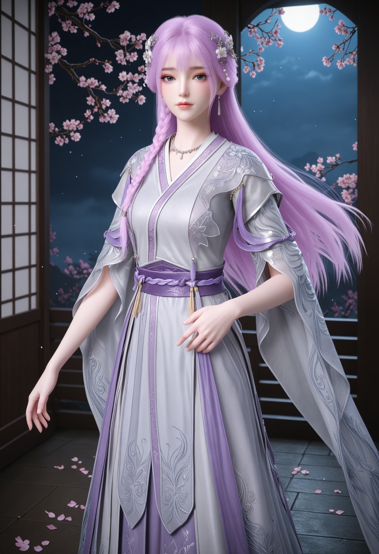 (standing full_body:1.1),(looking at viewer:1.1),masterpiece,(best quality),smog,Dark room,dim lighting,peach blossom,falling petals,<lora:YQ_Illustrious光辉v5_天穹_少女_V1:0.8>,q1528437228,1girl,solo,long hair,purple hair,jewelry,hair ornament,earrings,braid,necklace,dress,hair flower,blue eyes,pink hair,chinese clothes,green eyes,side braid,grey eyes,japanese clothes,wide sleeves,long sleeves,sash,robe,