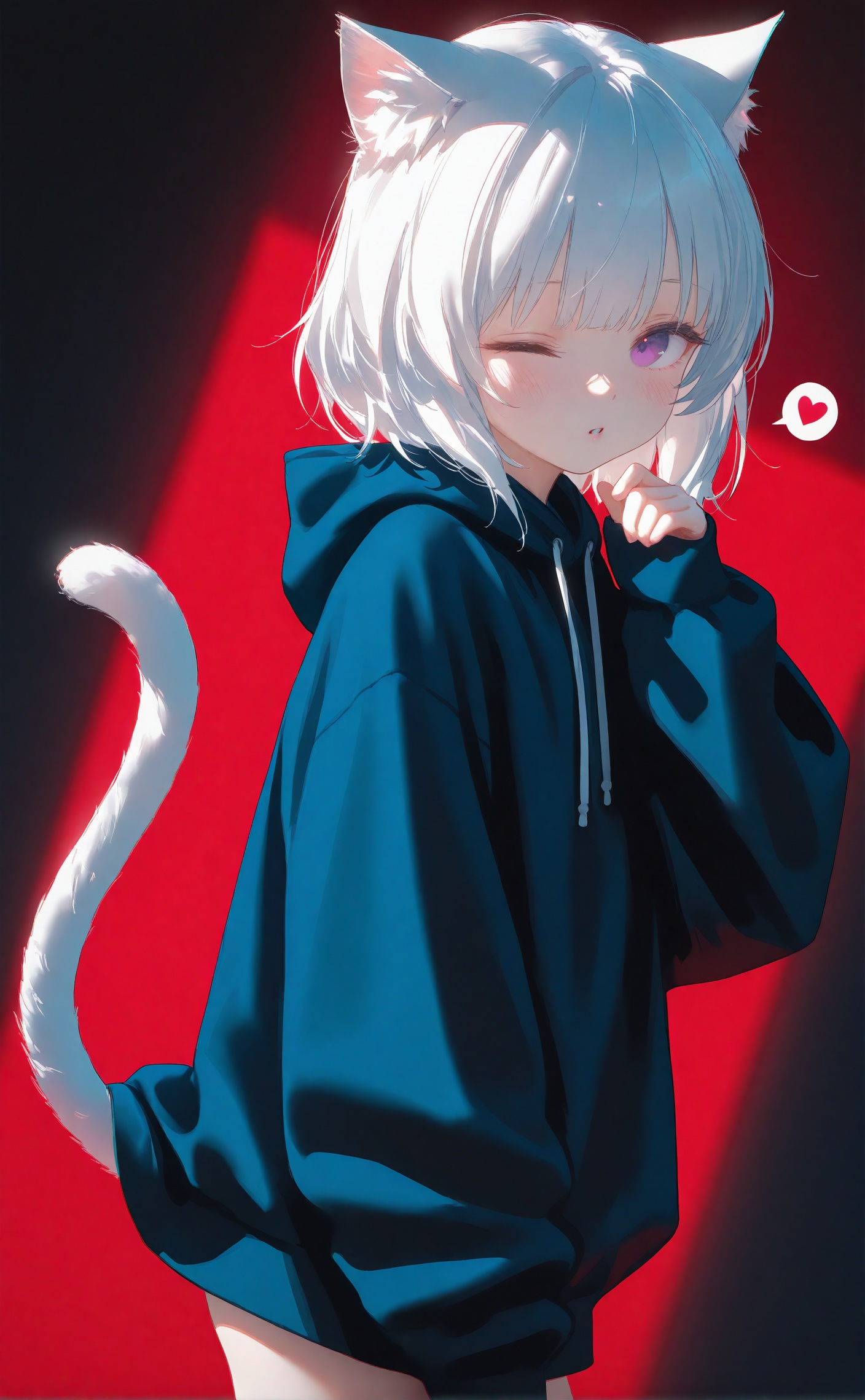 masterpiece,absurdres,best quality,high quality,chromatic_aberration,night,darkness,black theme,photorealistic,loli,loli,//,loli,1girl,solo,looking at viewer,blush,bangs,long sleeves,animal ears,purple eyes,tail,white hair,heart,parted lips,one eye closed,puffy sleeves,cat ears,hand up,hood,cat tail,animal ear fluff,sleeves past wrists,hoodie,hood down,cat girl,red background,spoken heart,puffy long sleeves,drawstring,tail raised,black hoodie,;o,blue hoodie,<lora:Nano_amei5up:0.8>,