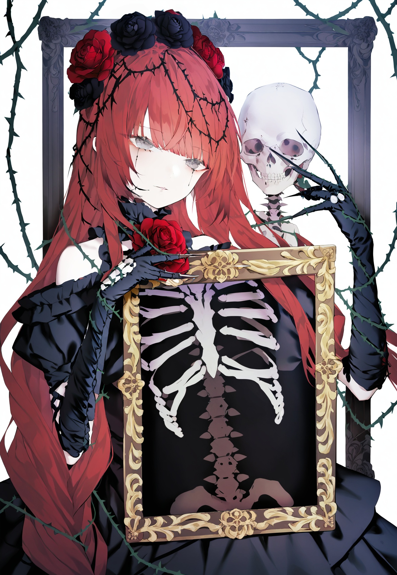 masterpiece, best quality,1girl, solo, flower, long hair, rose, red hair, red flower, heart, grey eyes, thorns, red rose, vines, dress, looking at viewer, parted lips, bangs, black flower, black dress, gloves, holding, plant, very long hair, skeleton, ring, white background, black rose, picture frame, card, frills, black gloves, white eyes, blurry  <lora:kotrou020XLlokr8f-000180:0.95>