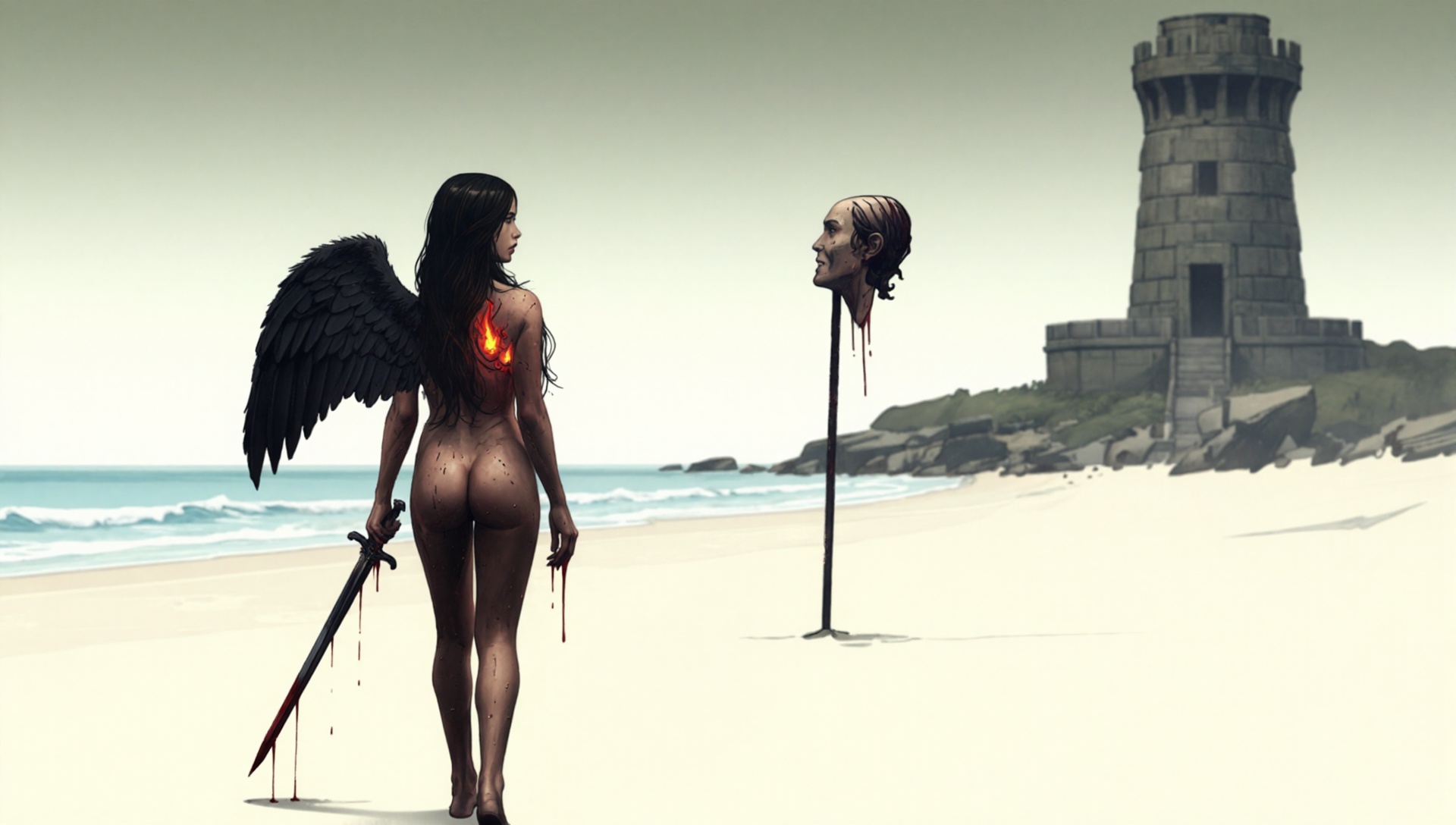 view from front on naked GeniveDarkAngel with one wing and a blood‑stained sword walks away from a severed head impaled on...