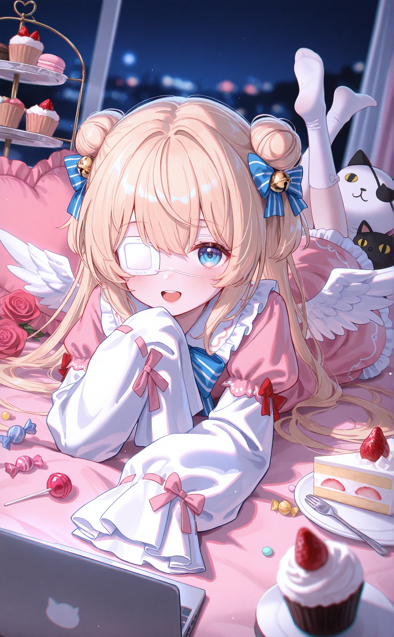masterpiece,very aware,highres,absurdres,newest,best quality,loli,petite,high quality,chromatic_aberration,cinematic_angle,dutch angle,night,//,umehara,konya666,//,1girl,frilled pillow,macaron,rose,sleeves past wrists,bell,eyepatch,food,bow,cake,blue eyes,hair bow,frills,sleeves past fingers,blue bow,jingle bell,pillow,:d,red rose,hair bun,long sleeves,puffy sleeves,blonde hair,flower,socks,white wings,solo,no shoes,smile,laptop,on stomach,red flower,strawberry,double bun,hair bell,stuffed animal,computer,soles,swirl lollipop,lying,pink rose,heart-shaped pillow,medical eyepatch,stuffed toy,the pose,heart,wings,cake slice,feathered wings,dress,cat,candy,looking at viewer,open mouth,pink flower,stuffed cat,hair ornament,fruit,indoors,skirt,kneehighs,tiered tray,depth of field,shirt,pink dress,blurry background,candy wrapper,pink skirt,blurry,animal,window,lollipop,teeth,cupcake,mini wings,juliet sleeves,short over long sleeves,white socks,frilled skirt,hand up,white bow,frilled dress,upper teeth only,ribbon trim,blush,striped bow,
