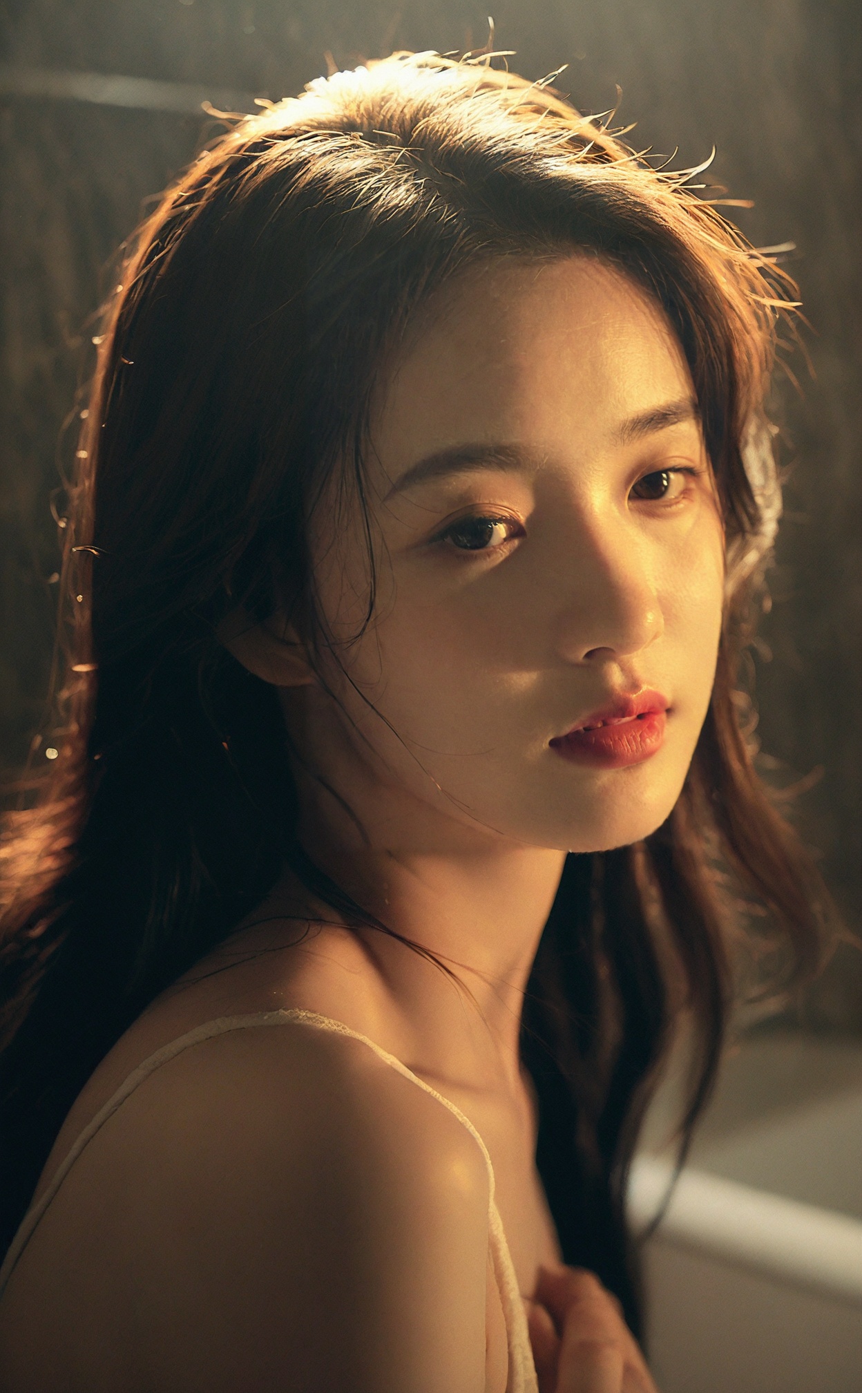 Beautiful Korean girl in a visually stunning romance,bathed in soft light,alone in a picturesque setting,with a detailed face conveying a mix of emotions that add depth to the character.,korean girl,black hair,mugglelight,