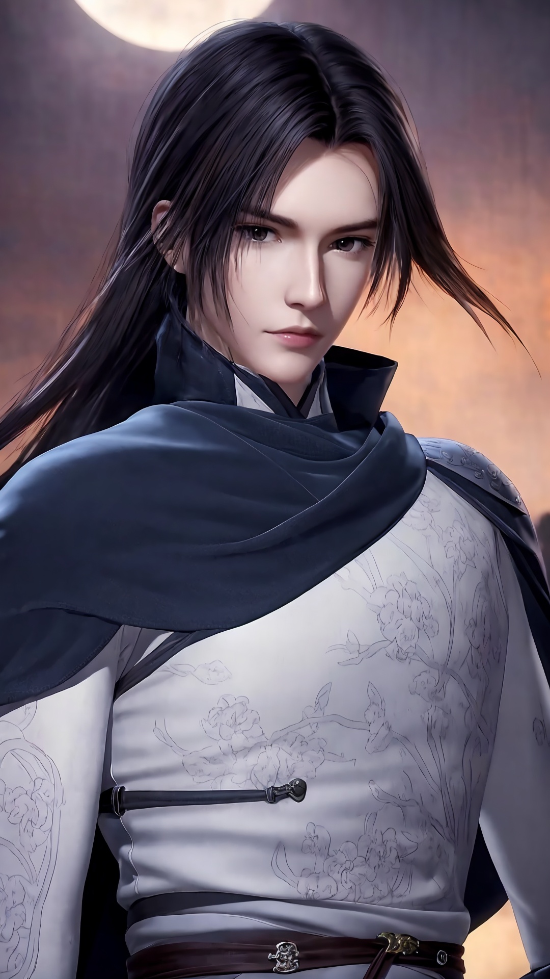 (1boy:0.8),male focus,cape,armor,solo,black hairr,<lora:Ge Nie man Boy Handsome boy swordsman_20240829181204:0.8>,highres,wallpaper,huge filesize,mid_shot,bust,upper_body,china_dress,chinese style architecture,moonlight,night_sky,