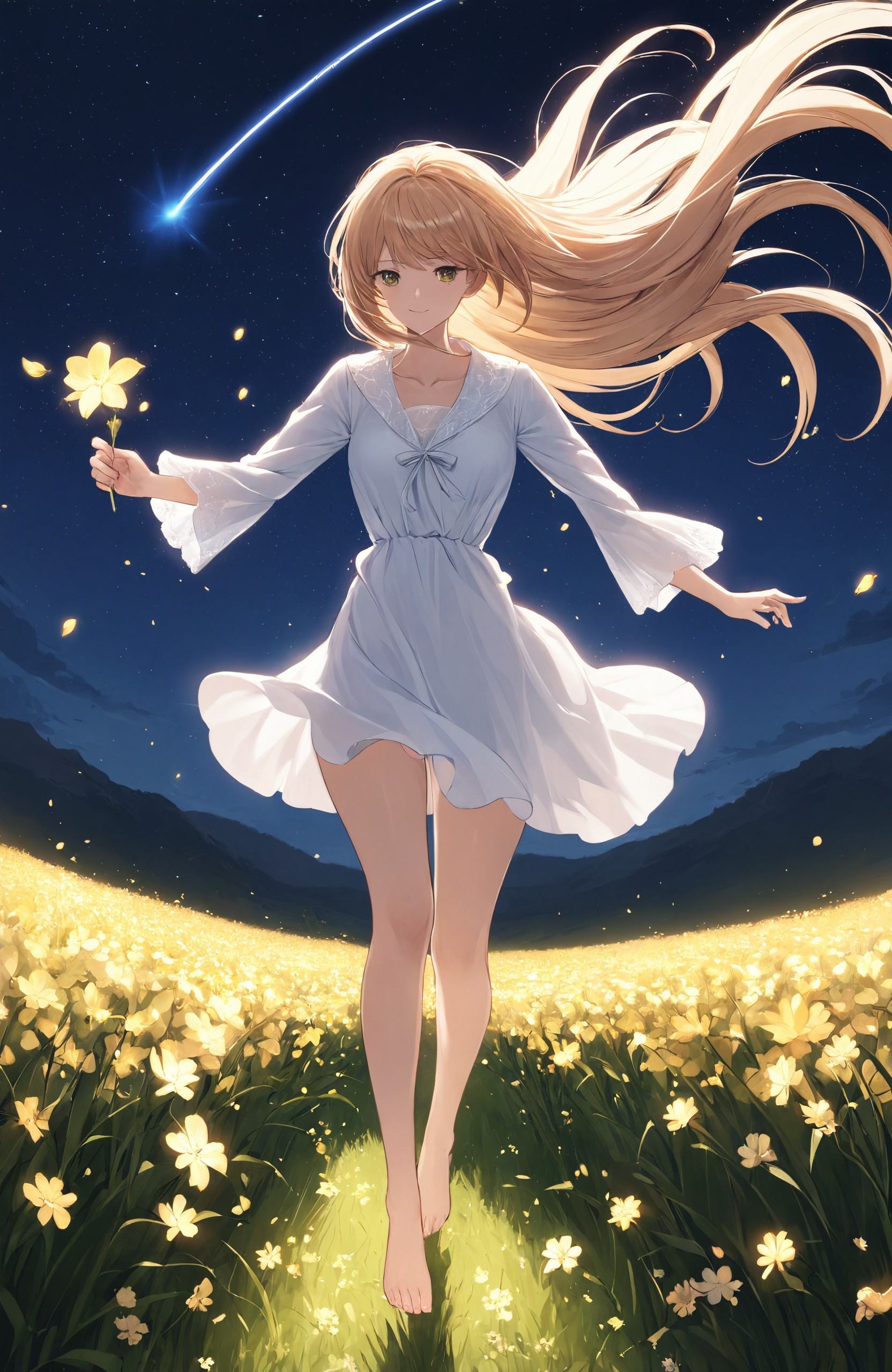 "Fantasy Meadow, a girl running barefoot through a field of glowing flowers, her hair flowing in the wind, under a sky filled with shooting stars."
