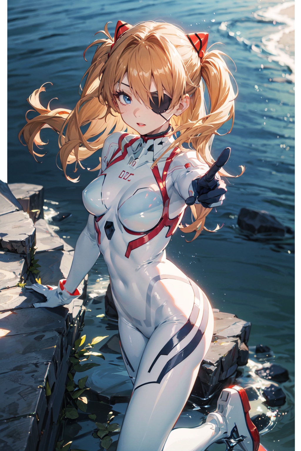 <lora:Asuka-000018:0.8>,Asuka CYQL,1girl,looking at viewer,solo,long hair,blue eyes,interface headset,brown hair,orange hair,hair between eyes,two side up,medium breasts,(Asuka White,eyepatch,plugsuit,bodysuit,white bodysuit,skin tight),(yandere:1.2),beautiful face,beautiful eyes,glossy skin,shiny skin,(cowboy_shot,from_above,spread legs:1.2),outstretched hand,Heather blooms, Coastal cliffs, Ocean views, Coastal breeze, Heather carpet, Cliffside panorama,Poppies,beautiful detailed sky,beautiful detailed glow,(English text:1.3),(border:1.5),posing in front of a colorful and dynamic background,(masterpiece, best quality, beautiful and aesthetic:1.3),contrapposto,female focus,fine fabric emphasis,wallpaper,fashion,Lipstick,depth of field,intricate_detail,finely_detailed,fine_fabric_emphasis,(glossy),<lora:增强减少细节add_detail:0.3>,