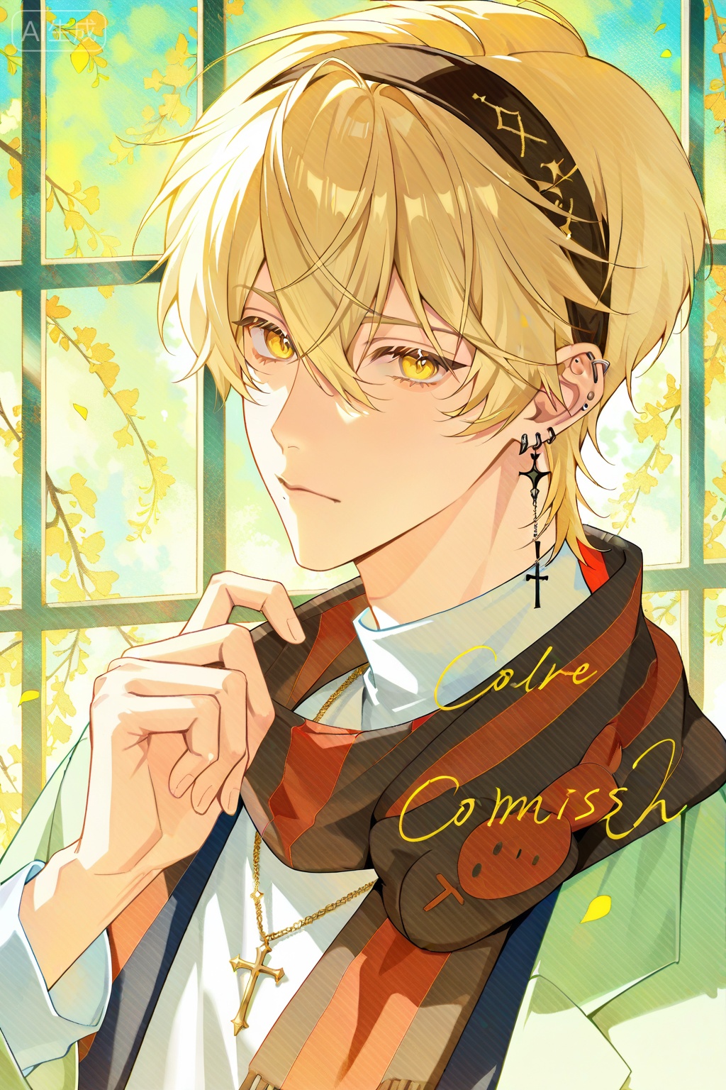 solo,, looking at viewer,, short hair,, blonde hair,, shirt,, long sleeves,, 1boy,, hair between eyes,, jewelry,, closed mouth,, yellow eyes,, white shirt,, upper body,, male focus,, hairband,, earrings,, necklace,, scarf,, window,, headband,, piercing,, cross,, ear piercing,, sample watermark,, bishounen,, striped scarf,, Negative prompt: ng_deepnegative_v1_75t,(badhandv4:1.2),EasyNegative,(worst quality:2),grayscale,worstquality,logo,text,signature,blurry,low quality,cropped,watermark,bad proportions,bad anatomy,username,lowres,normal quality,monochrome,sketches,out of focus,,nsfw, Steps: 29, Sampler: Euler a, CFG scale: 7.0, Seed: 1498719029, Size: 1024x1536, Model hash: fe1361c879, Model: illustrious_v20_1.safetensors, Denoising strength: 0.0, RNG: CPU, Lora 1: Art-CL, Lora Hash 1: 4445d5f805, Lora Weight 1: 0.8, vae_name: automatic