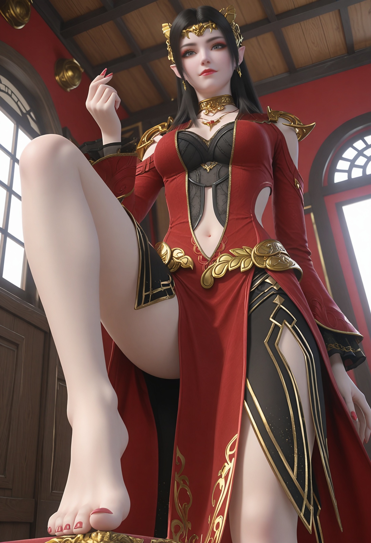 masterpiece,best quality,absurdres,amazing quality,1girl,(white and bright inside the room:1.2),looking at viewer,from below,naughty face,foot focus,<lora:YQ_li光辉v5_meidusha_V6:0.7>,q1528437228,solo,1girl,long_hair,black_hair,jewelry,pointy_ears,earrings,necklace,hair_ornament,dress,red_dress,navel,brown_hair,choker,realistic,cleavage,tiara,long_sleeves,clothing_cutout,armor,grey_eyes,black_eyes,skirt,shoulder_armor,eyeshadow,