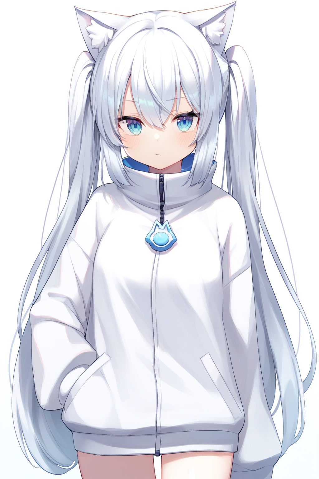1girl, solo, long_hair, white_background, simple_background, looking_at_viewer, blue_eyes, animal_ears, jacket, cat_ears, long_sleeves, closed_mouth, twintails, cowboy_shot, white_jacket, animal_ear_fluff, hair_between_eyes, white_hair, zipper, very_long_hair