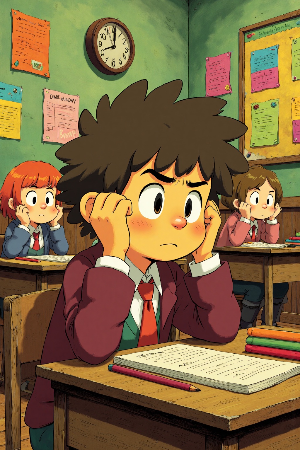 beijihui,A cartoon drawing of a boy with brown hair and a red tie is sitting at a brown wooden desk in a classroom. He is wearing a maroon long sleeve shirt with a green and white stripe down the center of his chest. His ears are held up to his ears and he has a serious expression on his face. Behind him are two girls sitting at brown wooden desks. One of the girls has red hair and the other girl has brown hair. There is a green wall behind them with a brown clock on it. There are colorful papers hanging on the wall.