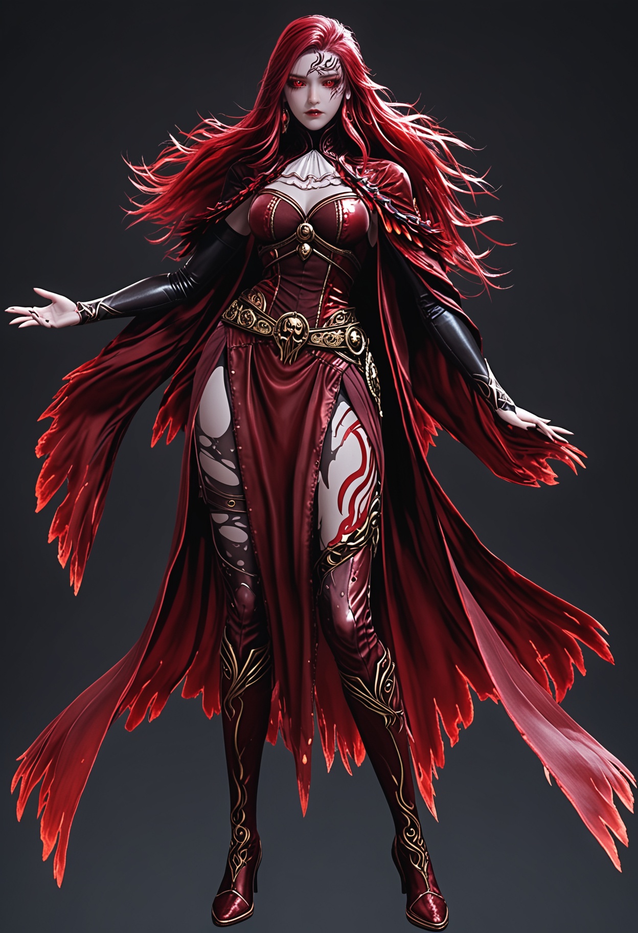 (standing full_body:1.1),score_9,score_8_up,masterpiece,(best quality),intricate details,facing viewer,(looking at viewer:1.1),<lora:YQ_pony_maxiaotao_fuzhang2_V4:0.8>,q1528437228,1girl,solo,long hair,red hair,red eyes,dress,cape,belt,boots,jewelry,red dress,thighhighs,earrings,colored sclera,black sclera,high heels,torn clothes,tattoo,red cape,ascot,brown eyes,facial mark,gloves,armor,glowing eyes,red sclera,thigh boots,high heel boots,white ascot,black footwear,BREAK(score_9:1.2),(score_8_up:1.2),masterpiece,best quality,very aesthetic,perfect anatomy,(hourglass),perfect face,(simple background,pure black background,black background:1.1),fair_skin,(shiny_skin:1.1),Ivory_skin,
