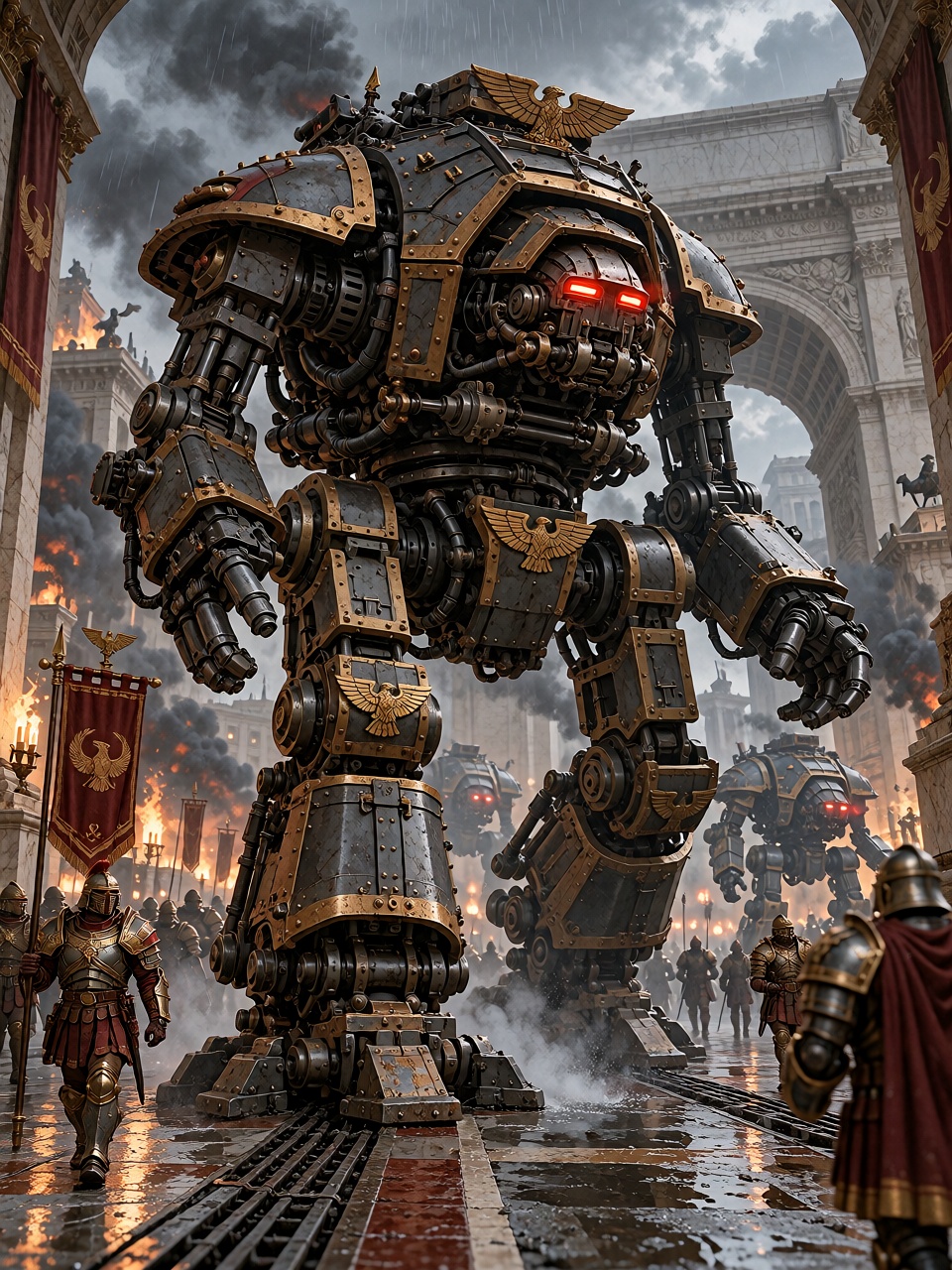 A formation of gigantic Roman imperial armored walkers marching through a broad ceremonial avenue,  four-legged machines c...