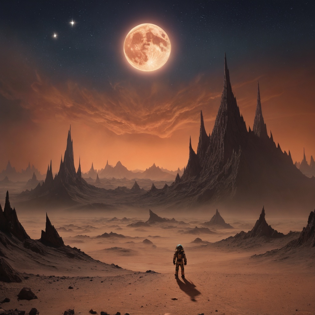 A surreal moonscape,  where jagged peaks rise from a barren expanse of dust,  and strange on Tensor.Art